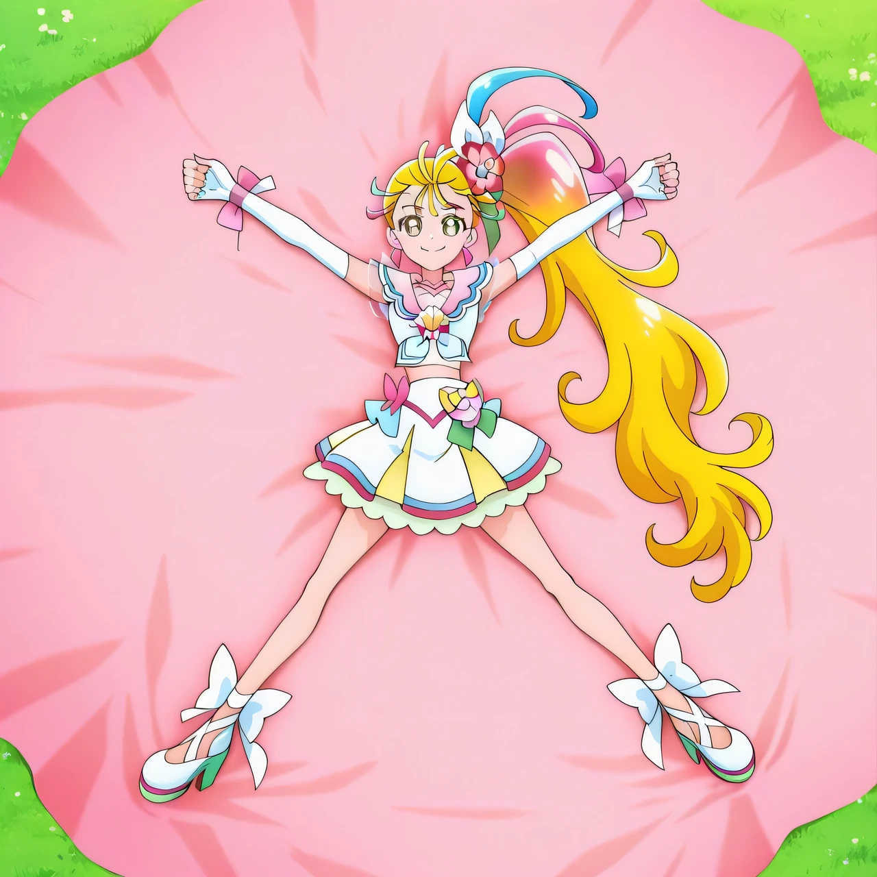 curesummer, tropri, anime screencap, high quality, solo, lying, on grass, from above, arms up, spread legs, closed mouth, on bed, looking at viewer, full body, smile, best quality