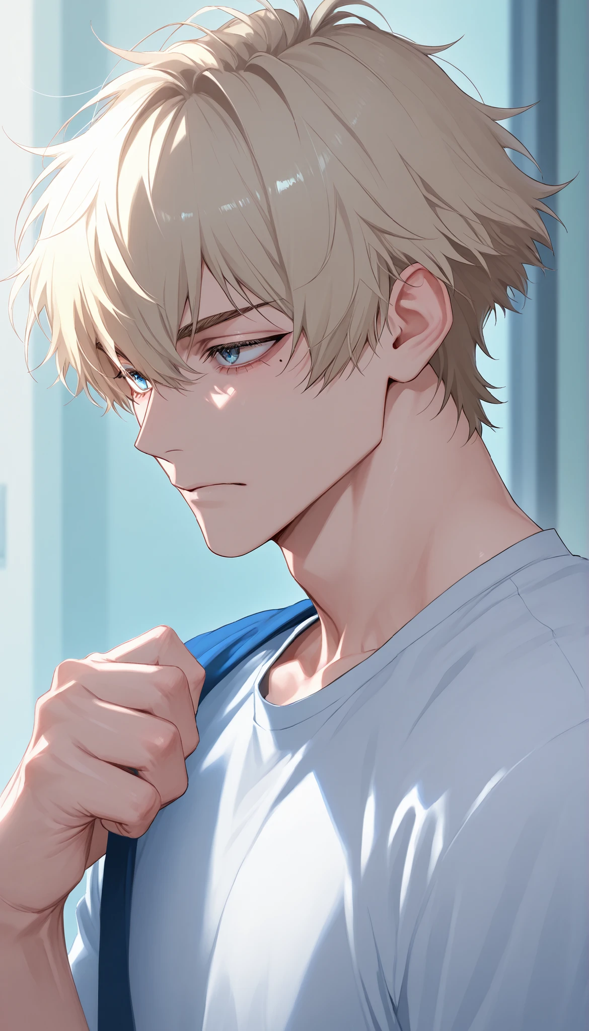 score_9, score_8_up, score_7_up、Anime、masterpiece、((1boy, muscled))、solo, alone, The blond haired、short hair、Blue eyes、mole under eye