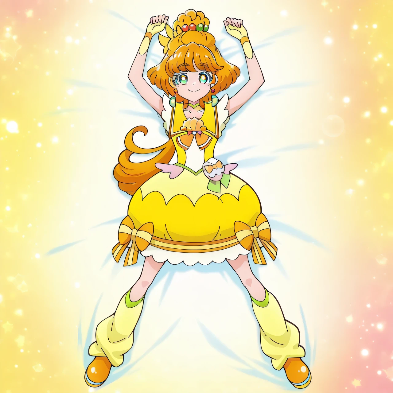 curepapaya, tropri, anime screencap, high quality, solo, lying, on back, from above, arms up, , closed mouth, on bed, looking at viewer, full body, smile, best quality