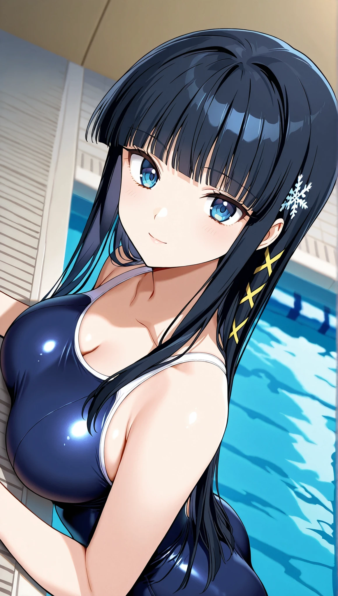 [[miyuki250219]],1lady, beauty, glossy lips,Rouge,detail eyes,dynamic angle,(poolside:1.3)

shiba miyuki, black hair,long hair, blunt bangs, eyebrows visible through hair, blue eyes, snowflake hair ornament, (yellow x hair ornament:1.3),school swim suit, , ,(large breasts:0.8),light smile,

upper body,Archerjeanne2nd,one-piece swimsuit,

 (extremely detailed CG,masterpiece, highres icon,absurdres,4K),
