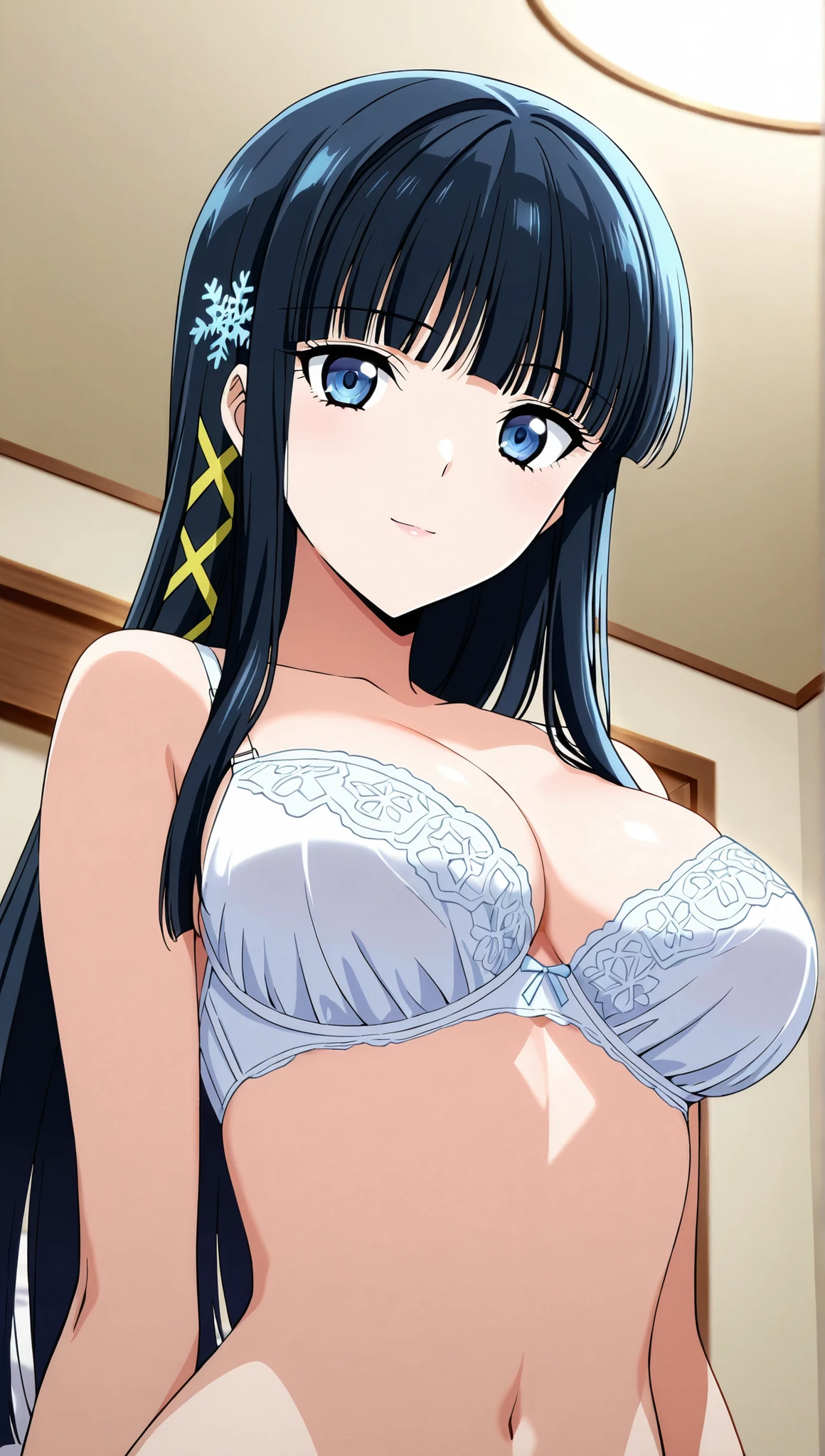 [[miyuki250219]],1lady, beauty, glossy lips,Rouge,detail eyes,dynamic angle,(bedroom:1.3),anime,

shiba miyuki, black hair,long hair, blunt bangs, eyebrows visible through hair, blue eyes, snowflake hair ornament, yellow x hair ornament,white bra,white underwear,,(large breasts:0.8),light smile,

upper body,

 (extremely detailed CG,masterpiece, highres icon,absurdres,4K),
