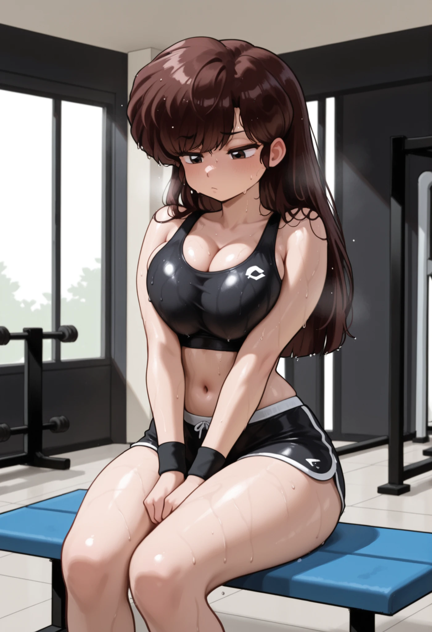 uk (ranma 1/2), dark brown hair, long hair, ojos cafes, Pechos grandes, NSFW,  hair on face , wet hair, abdomen sexy, pose sexy, sexy waist,  sexy hips, workout clothes, black workout top, ultra detailed black shorts, bare navel, sweat, vapor corporal, blushed, gym, expression of boredom, bored, half-closed heavy-lidded eyes, slack mouth, relaxed, black wristbands, sighing, sitting on the exercise bench, limpiando sweat, black clothes, looking down, breasts squeezed together, squeezed breasts