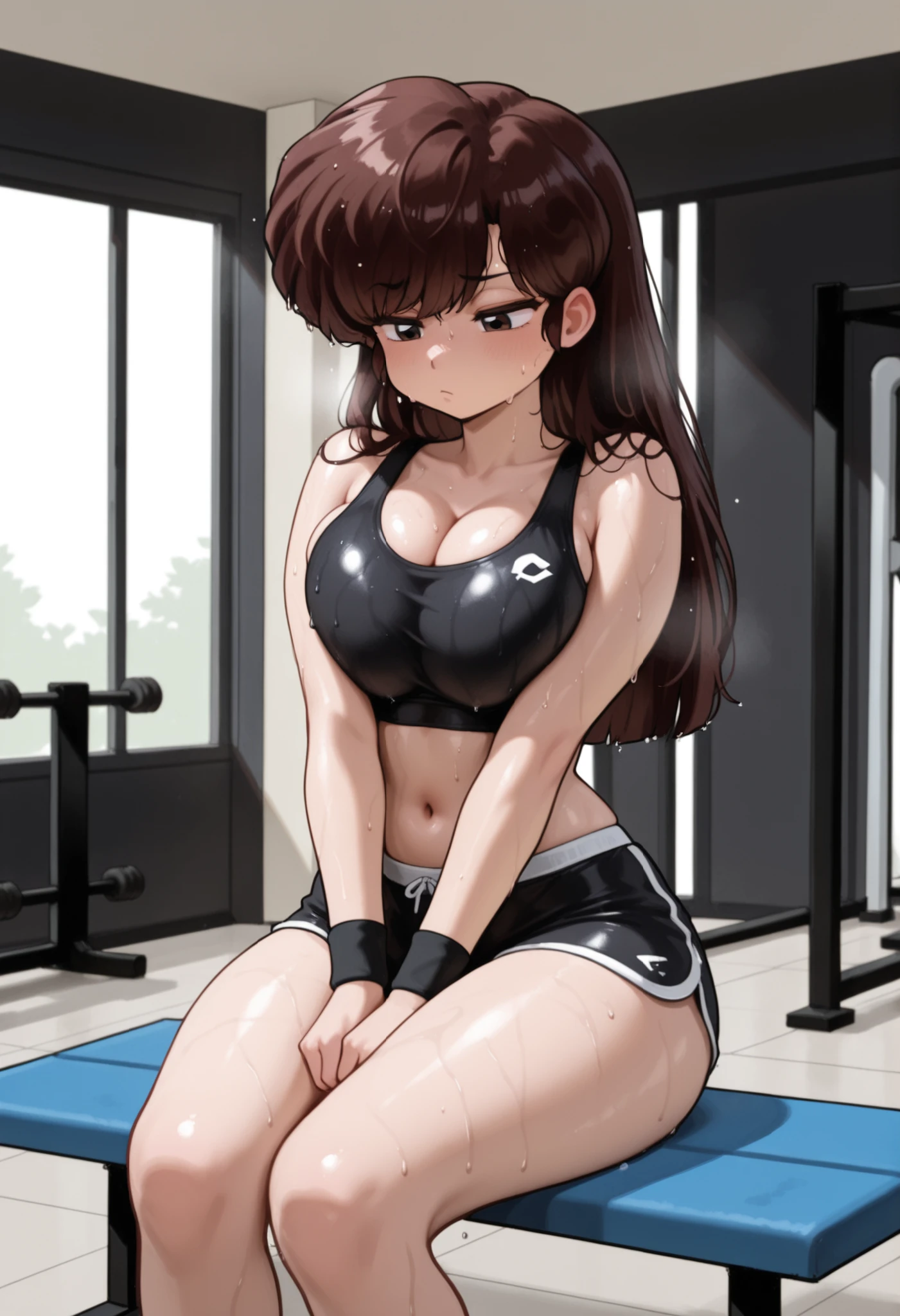 uk (ranma 1/2), dark brown hair, long hair, ojos cafes, Pechos grandes, NSFW,  hair on face , wet hair, abdomen sexy, pose sexy, sexy waist,  sexy hips, workout clothes, black workout top, ultra detailed black shorts, bare navel, sweat, vapor corporal, blushed, gym, expression of boredom, bored, half-closed heavy-lidded eyes, slack mouth, relaxed, black wristbands, sighing, sitting on the exercise bench, limpiando sweat, black clothes, looking down, breasts squeezed together, squeezed breasts