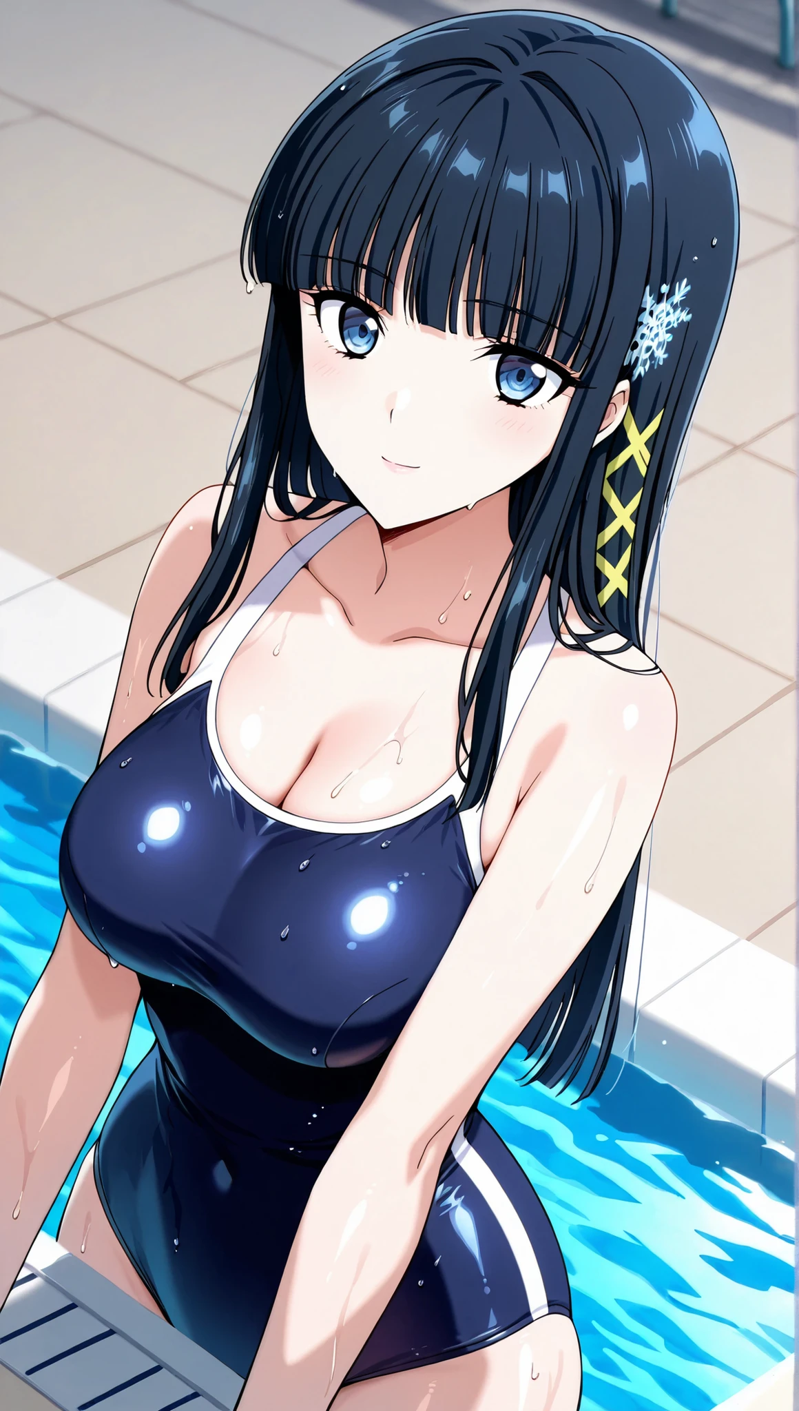 [[miyuki250219]],1lady, beauty, glossy lips,Rouge,detail eyes,dynamic angle,(poolside:1.3),anime,

shiba miyuki, black hair,long hair, blunt bangs, eyebrows visible through hair, blue eyes, snowflake hair ornament, (yellow x hair ornament:1.3),school swim suit, , ,(large breasts:0.8),light smile,

upper body,cowboy shot,Archerjeanne2nd,one-piece swimsuit,wet,

 (extremely detailed CG,masterpiece, highres icon,absurdres,4K),
