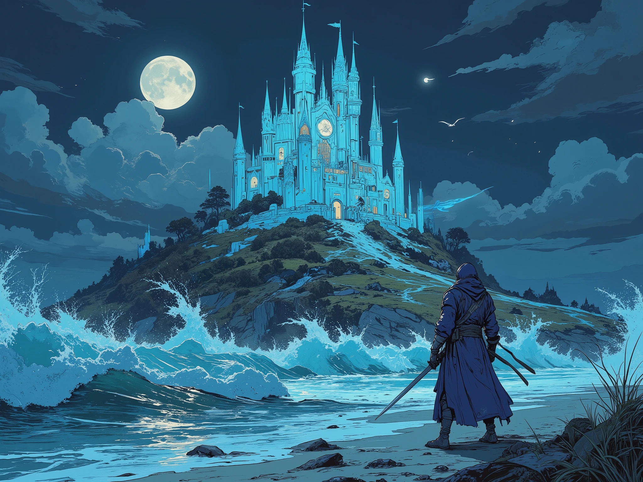 wide shot, makes an aesthetic, Master piece, Best Quality, ultra detailed, Illusory Seas, ice castle on the island, knight and witch at beach, night, moon, wind, pixel art, fantasy world