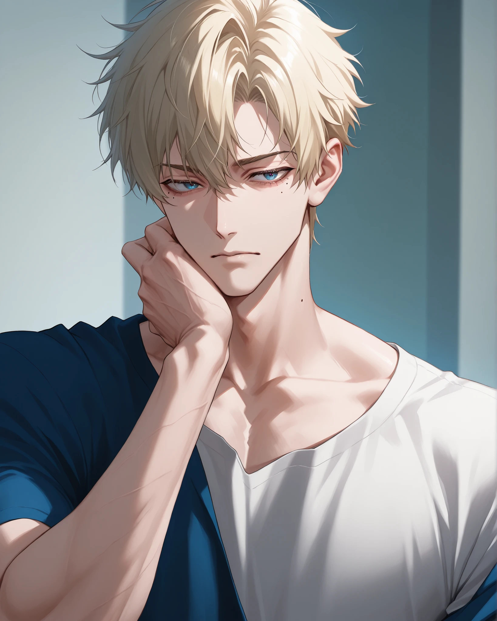 score_9, score_8_up, score_7_up、Anime、masterpiece、((1boy, muscled))、solo, alone, The blond haired、short hair、Blue eyes、mole under eye