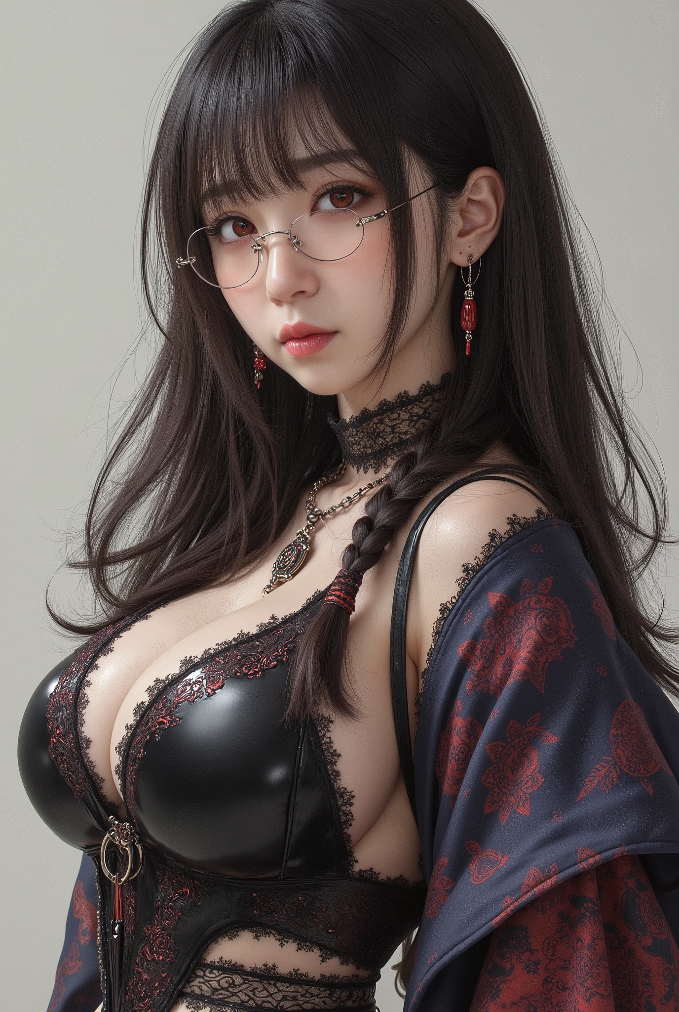 got itですか、(best illustration)、8k UHD resolution、intricate details、highest quality、realistic、Super detailed、best writing、best shadow、soft lighting、ultra hd、Super realistic、Tyndall effect、Photoreal、(high detail skin:1.2)、 (intricate details, compensate, face to face with the children_V1:0.5), (Beautiful and delicate face in every detail, got it, beautiful and delicate eyes, perfectly proportioned face, high resolution skins, fine skin, Optimal ratio of 4 fingers and 1 thumb, arm under ?????, red tattoo on lower abdomen、wonderful、wonderful, wide ????, smooth abdomen, thin and thin skin, __fashion__, __hair__:1.25)、Digital single-lens reflex camera、 absurd、1 Beautiful devil woman from hell, デヴィッド・ホックニーとアルフォンス・ミュシャによる超realistic女性のポートレート, Portrait of a seductive woman、fantasy art, Chinese humanoid robot、chinese actress、dungeon、dragon、devil'palace of、devil'??????? chamber、night、dark style 、in the dark、(detailed spooky background:0.8), magic、 1 girl、evil nun、dark necromancer、Succubus、devil'Daughter of、Umi Shinonome、bat wings，(((devil'Horn)))、 ((((giant glasses, otaku glasses, thick glasses, round glasses)))),(((???????????)))、(devil'tail)、(red eyes shine:1.6)、red eyesには、Very clear and detailed makeup, your eyes are so beautifully made, ((red eyes:1.0)),intricate tattoo, demonic intricate tattoo, thigh tattoo, body tattoo, masterpiece、the most beautiful face、baby face、cute smile、seductive bodyとふっくらとした美しい赤い唇、devil'seductive body、devil style、enchanting black magic costume、(((光沢のある赤い蛇が彼女body ofに巻き付いています)))、The long-haired、Braid、Black hair、Ponytail distortion、, Ponytail with a bow tied at the back of the hair, beautiful expression、body up、??????????? emphasis、bust,  super tight ?????, ?????? augmentation surgery, ??????? are very big and round,tight waist、wide ???、 secret key, cowboy lens, (red phoenix dress: 1.0),  devil'Crown of,  Red Gemstone Necklace、Jewelry Gwise,  wearing black mesh socks,wearing a thin red and black robe, Pull the straps with your hands to reveal your ???? ???????, Close-up of the main character, nffsw, nffsw, Meeting beautiful girls, look at the girl'body of,