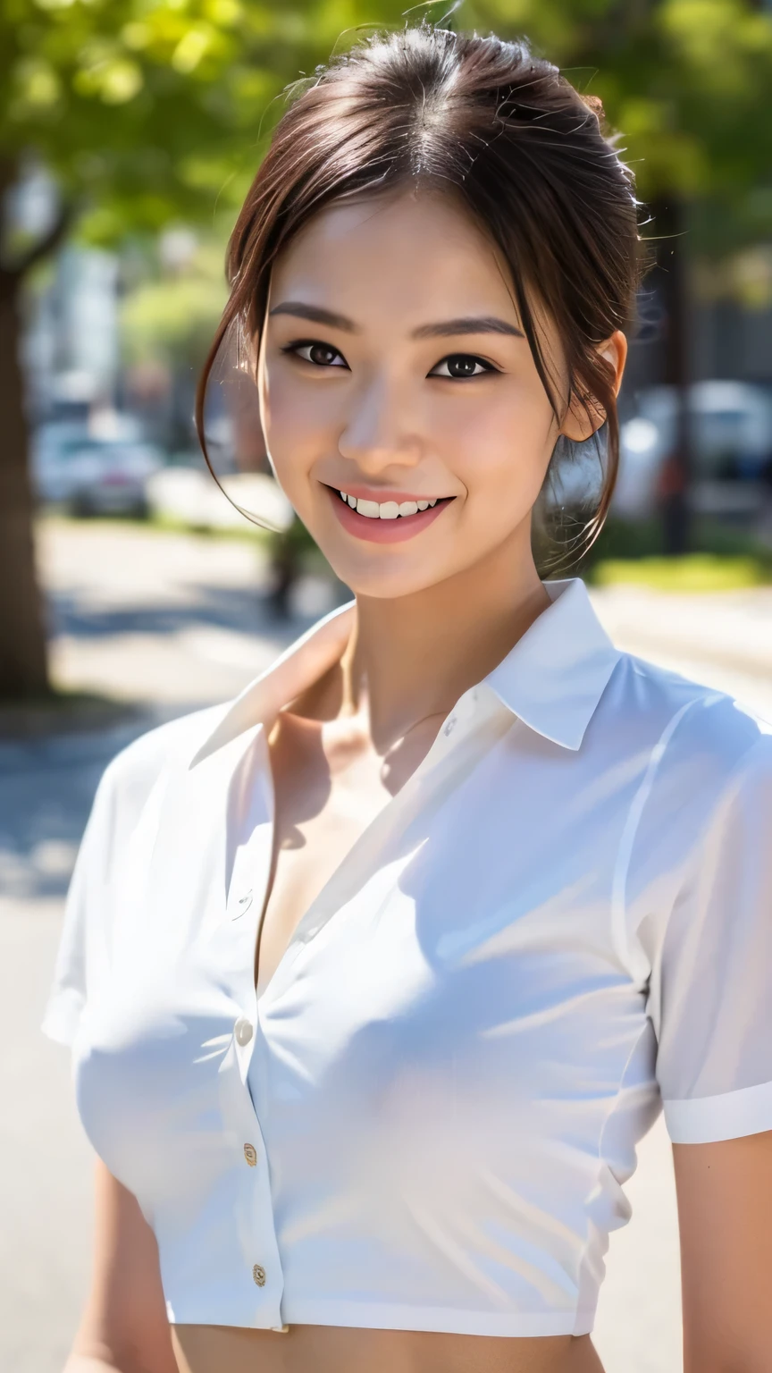 (Highest quality,Super detailed,Photorealistic:1.37),Very beautiful eyes, Bright and vibrant colors,Studio Lighting, Playful expressions, Very fine grain, Stylish makeup,Beautiful fashion model posing, Ribbon Blouse Silk Shirt, loose long shirt, (mini black pencil skirt) (Skin Tight Skirt), Slim figure, Huge round breasts, High Fashion, silver hair fluttering in the wind,Captivating eyes,Glossy Lips,Sexy pose, Confident、Captivating smile, Posing for a professional photo shoot, Shallow depth of field, emphasize the subject, Soft natural light, Create a dreamy and magical atmosphere.White long sleeve button up blouse_With collar_Remove up to the second button＿Brown pleated 、((Extra long brown hair:1.2))standing gracefully、full figure supermodel standing, entire body in frame、