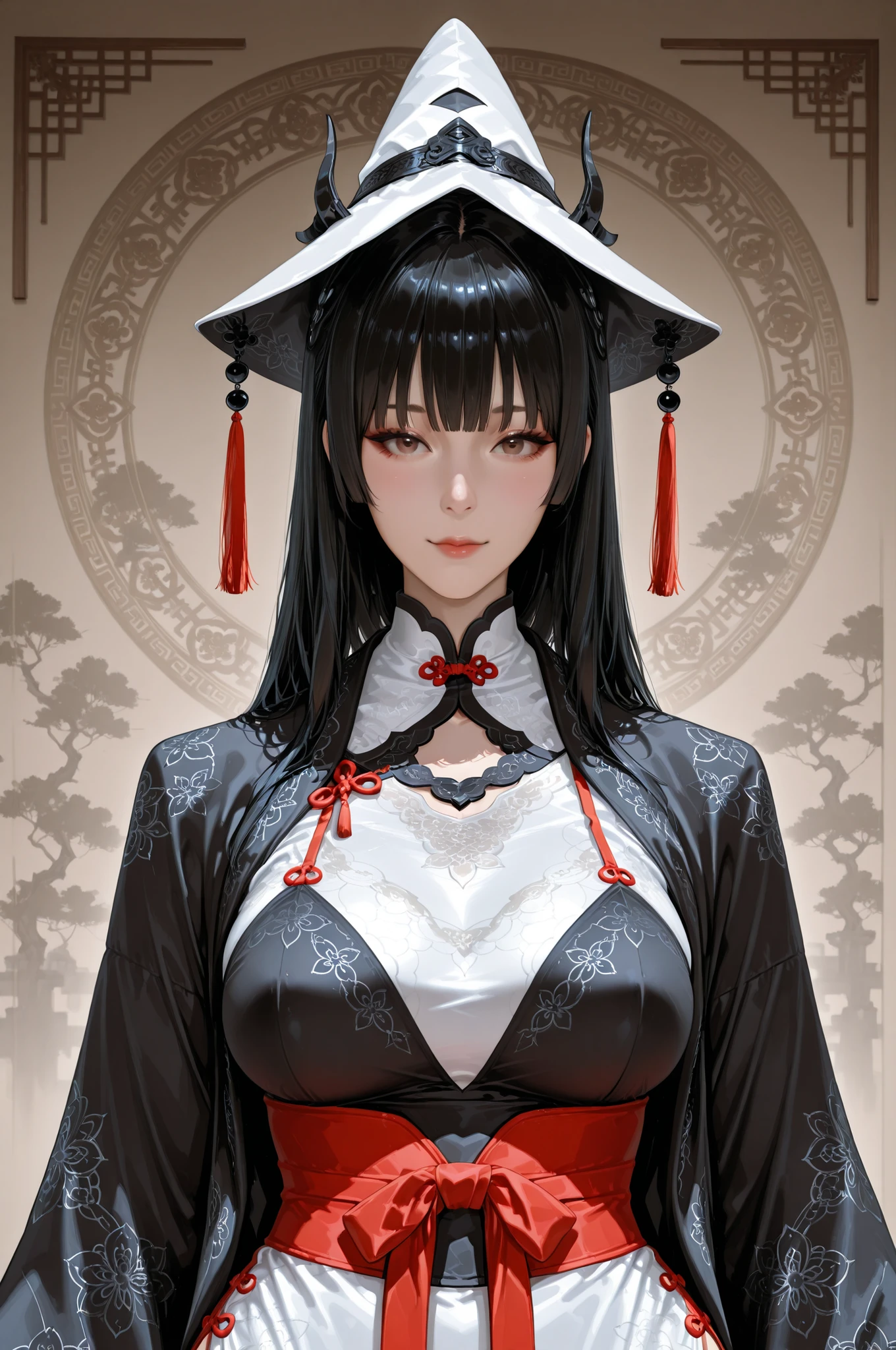 8k, (photo realistic full shot), This is a highly realistic digital painting of a white-skinned East Asian woman with long, straight black hair. , She wears a brightly patterned shawl covering her head and shoulders, with an intricate gold-rimmed black lace design. Her expression is calm and slightly melancholy, with large, expressive brown eyes. The background is a dark gradient, which accentuates her face and black shawl. The painting is very detailed, capturing the silky texture and softness of her skin, wearing a white dragon-patterned very transparant Chinese dress, the cry bridge, tea cup witch