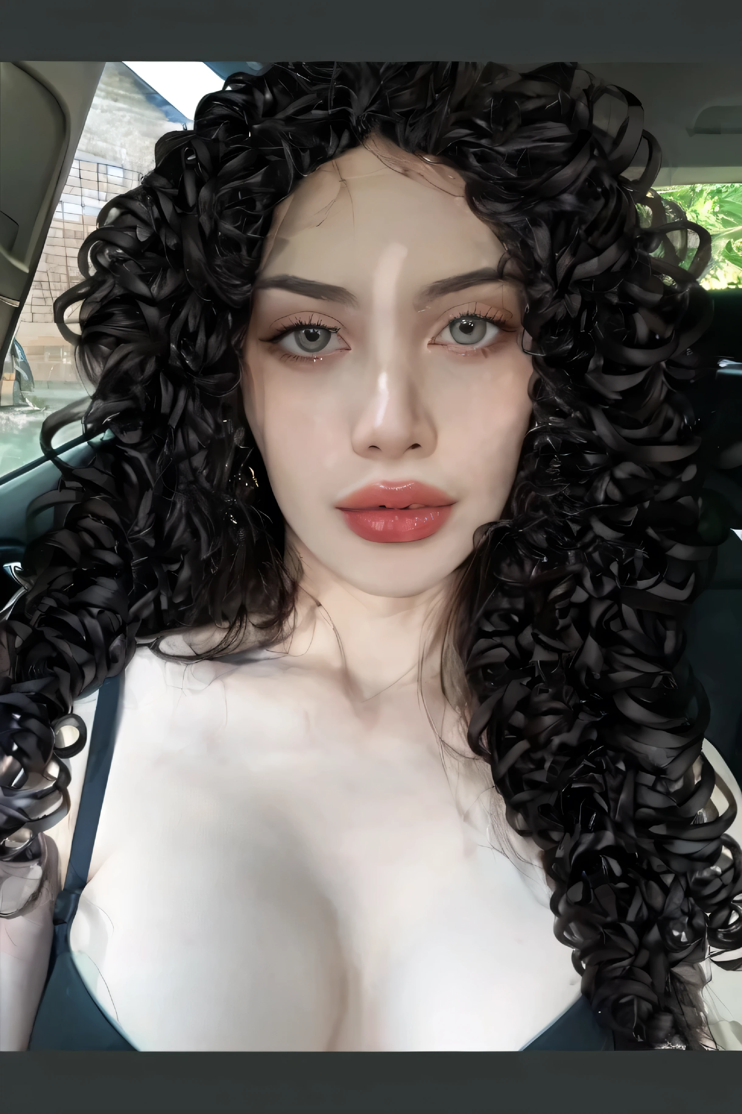 She is a beautiful girl with curly black hair, has beautiful lips and big eyes, her skin is white and fine like porcelain, She looks 17 years old