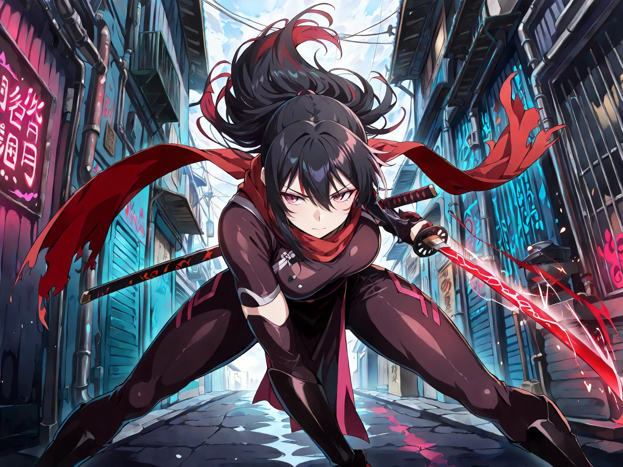 (masterpiece, best quality, absurdres:1.2), 1girl, solo, A kunoichi in a crimson scarf flips through the air, wielding a sleek plasma katana. Her long black hair flows wildly, tipped in red streaks. The background shows a neon-soaked alley with digital graffiti pulsating in violet and turquoise hues.