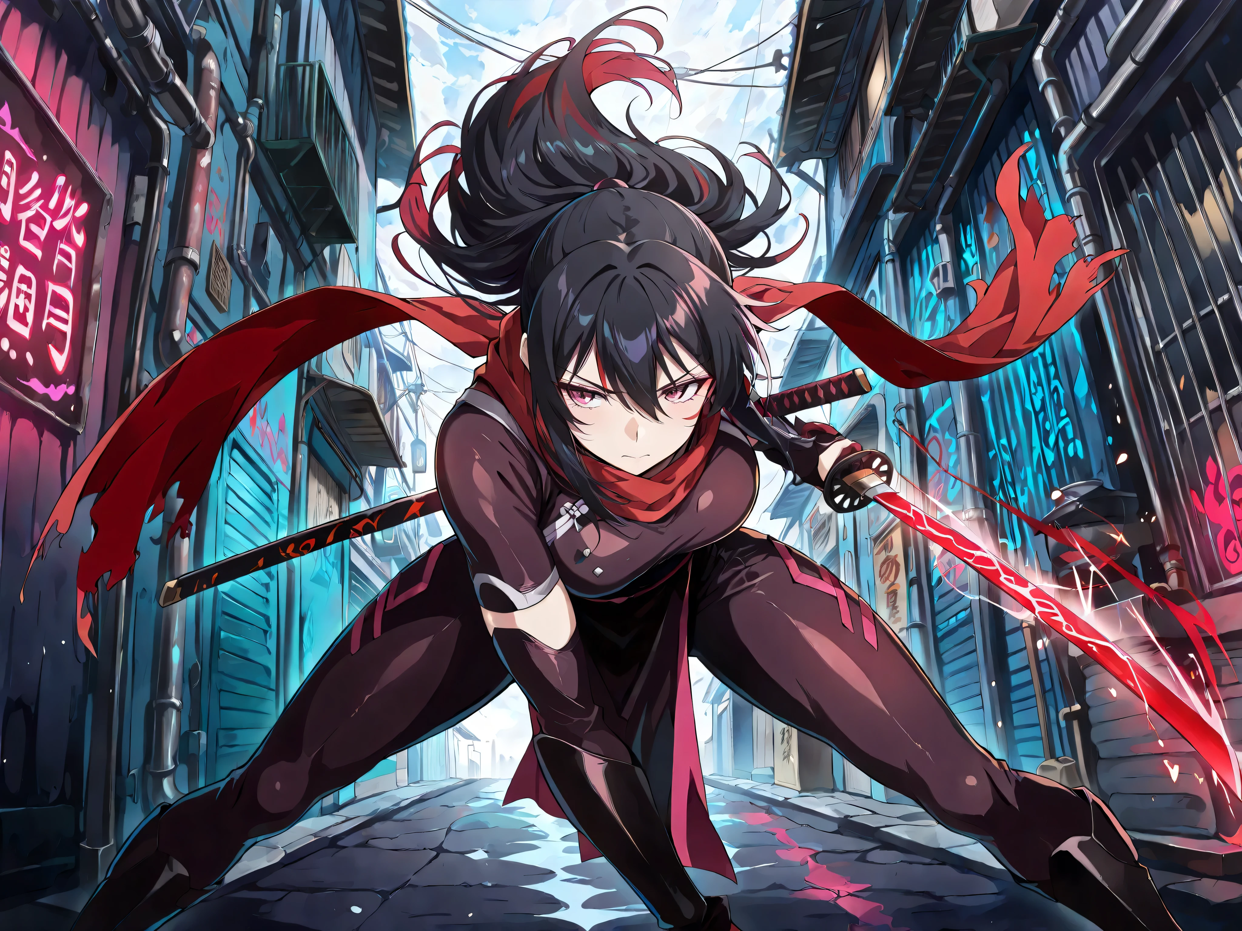 (masterpiece, best quality, absurdres:1.2), 1girl, solo, A kunoichi in a crimson scarf flips through the air, wielding a sleek plasma katana. Her long black hair flows wildly, tipped in red streaks. The background shows a neon-soaked alley with digital graffiti pulsating in violet and turquoise hues.