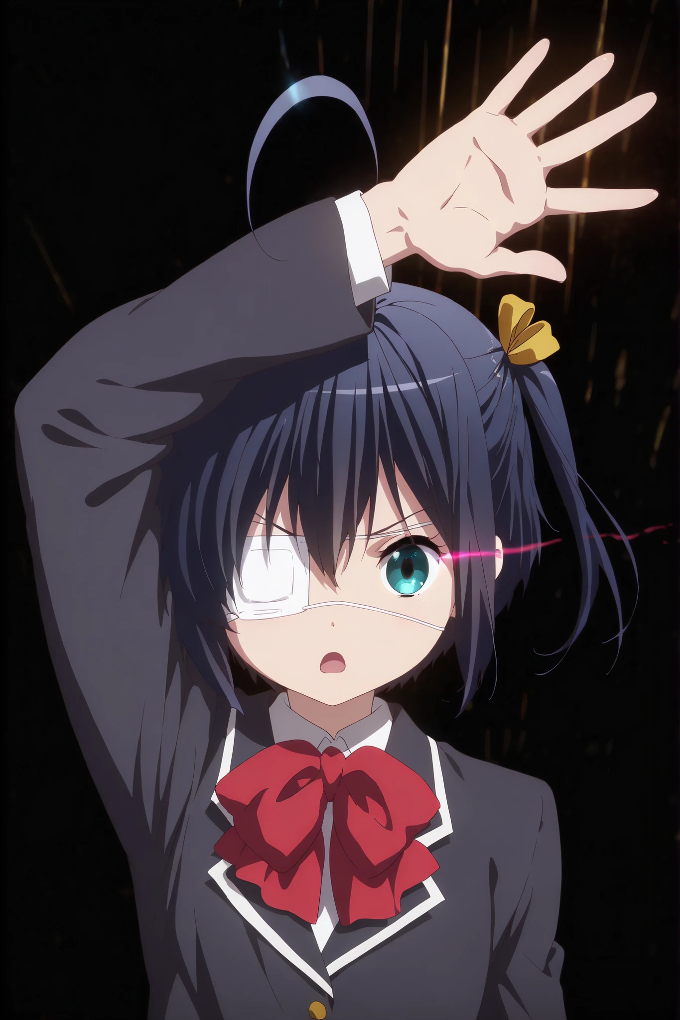 8K,HDR,best quality, high quality,amazing quality,highly detailed,ultra detailed,high resolution, absurdres, newest,(anime screencap:1),(anime coloring:1),(anime style:1),perfect eyes,detail1eye,well-defined fingers,(perfect anatomy:1), (perfect fingers,5 fingers:1),(upper body),
BREAK
((1girl,solo)),"takanashi_rikka \ (chuunibyou_demo_koi_ga_shitai! \)",Rikka Takanashi,"eye patch,white medical eyepatch",
{{mature famele}},
BREAK
school uniform,blazer,red bow,long sleeves,
BREAK
serious,doyagao,(glowing eyes:1.3),(eye trail:1.3), open mouth,standing, arm up,looking at viewer,
BREAK
black background,dark,(radiant flares:1.3),(smoky effect:1.3), (light rays:1.3)