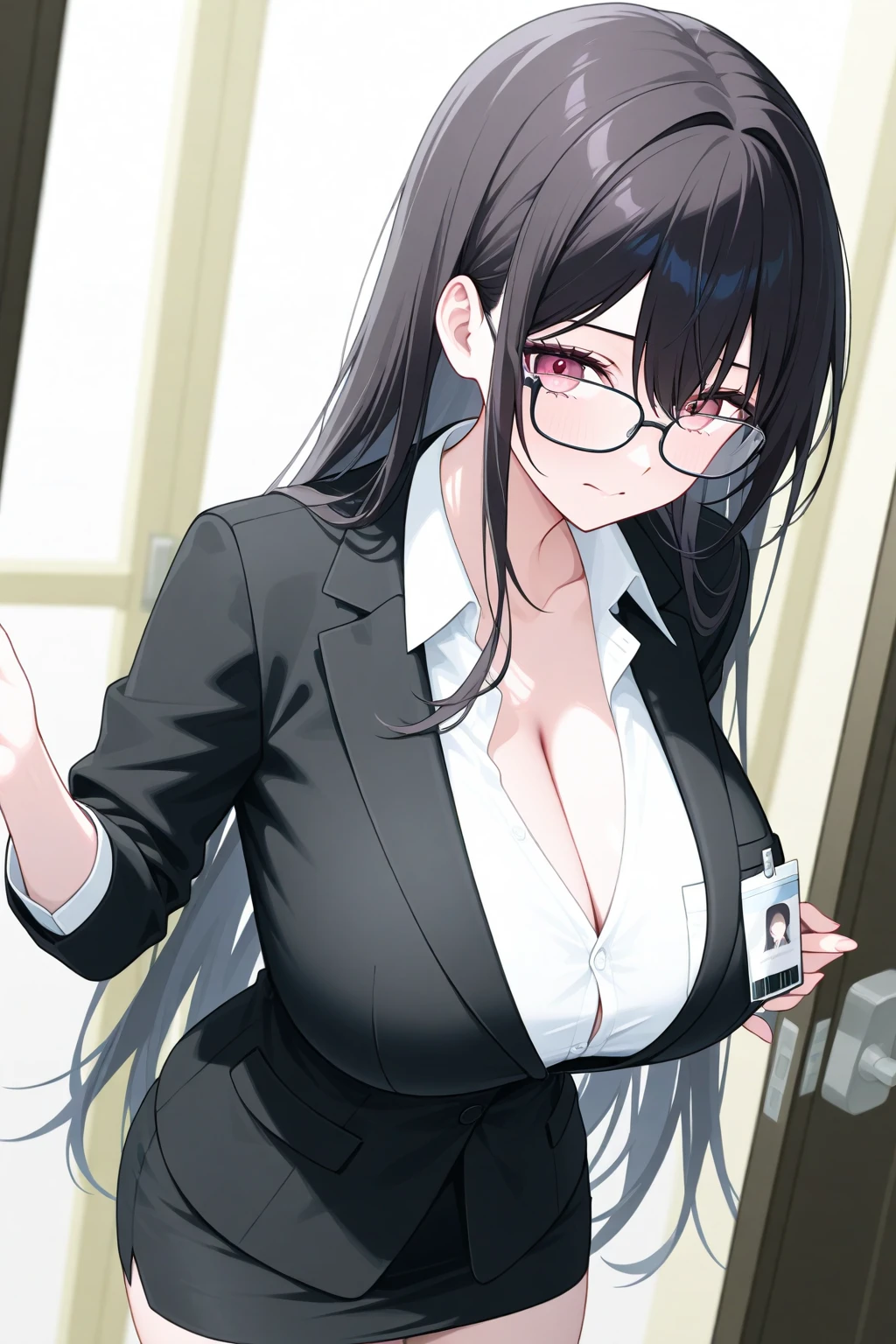 score_9, score_8_up, score_7_up,score_6_up  source_anime,  1girl,(huge breasts:1.2),fwide hips,thick thighs,cleavage, grin,from above,office
smtisu,  long hair, sunglasses, pantyhose, pencil skirt, wide hips, black hair, skirt suit, black eyes, miniskirt, necktie between breasts,  side slit,  business suit, black pencil skirt, black jacket, white shirt,, buttons, forehead, hair intakes ,unworn eyewear, <lora:ms. smith-monster mus-koto-PonyXL :1>