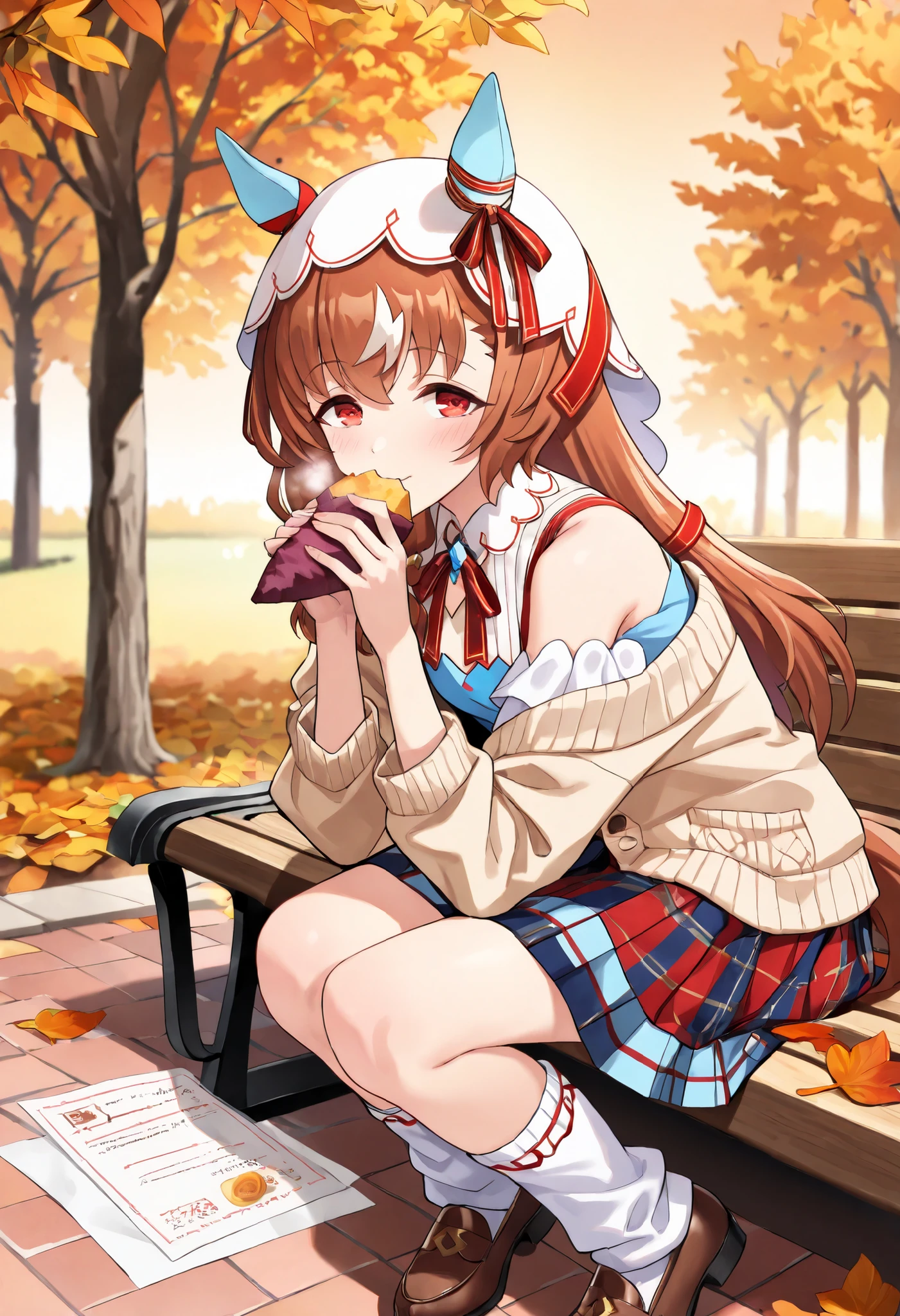 (masterpiece, best quality, perfect face:1.4), wide angle, Still in Love \(umamusume\), brown hair, red eyes, long hair, streaked hair, horse ears, ear cover, ear ornament, veil, red hair ribbon, small breasts, horse tail, tail on the lower back, proportional body, proportional,1 girl, beautiful hair, beautiful face, beautiful detailed eyes, beautiful clavicle, beautiful body, beautiful chest, beautiful thigh, beautiful legs, beautiful fingers, looking at viewer, BREAK, wearing autumn JK outfit: oversized cream cardigan slipping off shoulders, plaid skirt in warm red tones, white blouse with loosened ribbon tie, ultra-loose socks bunching over brown loafers, pose: seated on park bench beneath maple tree, leaning forward with both hands holding roasted sweet potato wrapped in paper, mouth open in eager bite, skirt hem riding slightly with playful movement, hair strands falling across cheeks, background: golden autumn park, ground layered with fallen leaves, warm sunset light filtering through red and orange foliage, food stalls faintly blurred in distance, air alive with cozy seasonal atmosphere, composition: cinematic close-mid shot, focus on her joyful expression and food, roasted sweet potato steaming visibly, leaves drifting softly in breeze, warm golden light framing subject in gentle glow, textures: crisp cardigan knit, glossy sweet potato skin splitting to reveal steaming golden interior, fallen leaves detailed in various hues, silky hair strands highlighted with sunset tones, skin radiant against warm palette, BREAK, good hands,