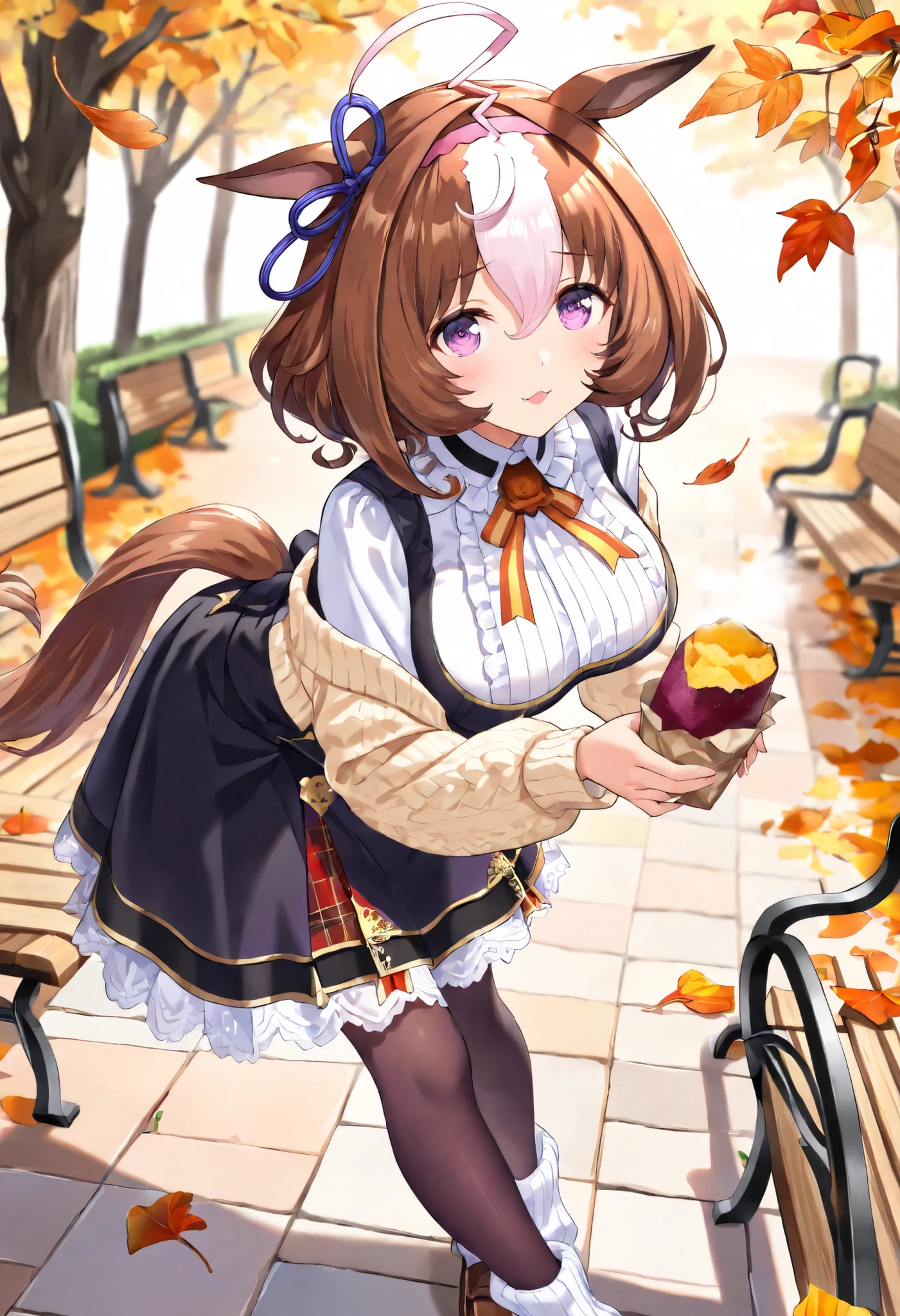 (masterpiece, best quality, perfect face:1.4), wide angle, meisho doto \(umamusume\), 1girl, ahoge, horse ears, ear ornament, pink headband, horse tail, tail on the lower back, halloween costume, frills, black dress, white ascot, orange ribbon, neck ribbon, long sleeves, puffy sleeves, brown pantyhose, proportional body, proportional, beautiful hair, beautiful face, beautiful detailed eyes, beautiful clavicle, beautiful body, beautiful chest, beautiful thigh, beautiful legs, beautiful fingers, looking at viewer, BREAK, wearing autumn JK outfit: oversized cream cardigan slipping off shoulders, plaid skirt in warm red tones, white blouse with loosened ribbon tie, ultra-loose socks bunching over brown loafers, pose: seated on park bench beneath maple tree, leaning forward with both hands holding roasted sweet potato wrapped in paper, mouth open in eager bite, skirt hem riding slightly with playful movement, hair strands falling across cheeks, background: golden autumn park, ground layered with fallen leaves, warm sunset light filtering through red and orange foliage, food stalls faintly blurred in distance, air alive with cozy seasonal atmosphere, composition: cinematic close-mid shot, focus on her joyful expression and food, roasted sweet potato steaming visibly, leaves drifting softly in breeze, warm golden light framing subject in gentle glow, textures: crisp cardigan knit, glossy sweet potato skin splitting to reveal steaming golden interior, fallen leaves detailed in various hues, silky hair strands highlighted with sunset tones, skin radiant against warm palette, BREAK, good hands,