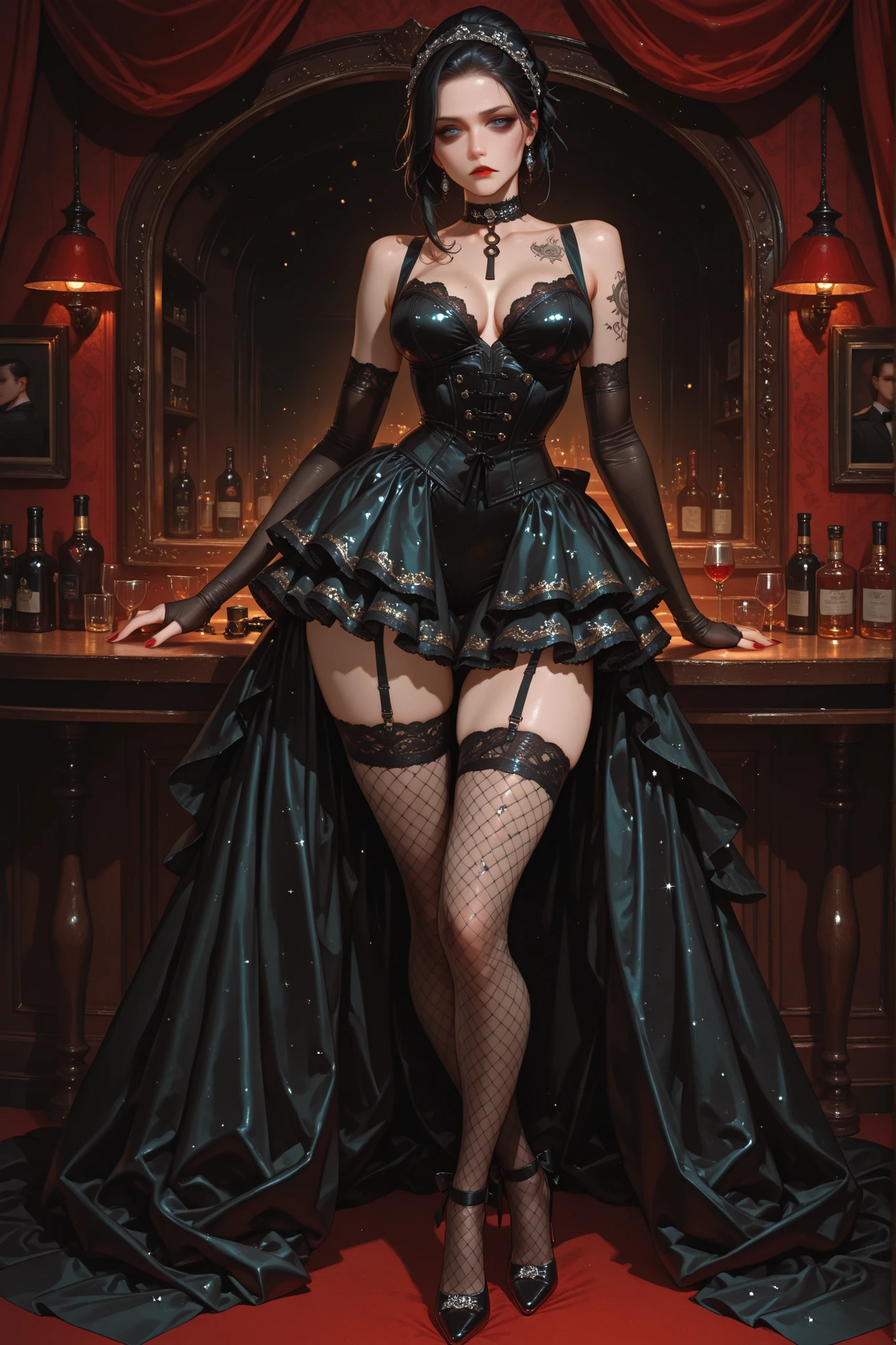 score_9, score_8_up, score_7_up, score_6_up, score_5_up, score_4_up, Label 1, Label2, quality_masterpiece, Anatomically correct, beautiful face, perfect face, Beautiful and highly detailed face, sexy milf Attractive face , Milf Detailed Face, MILf Delicate Facial Features, detailed ,Very detailed & Beautiful and dazzling eyes, black hair, blue eyes, red lips, shadow under eyes, serious, neck tattoo, black tattoos, arcane tattoos, keys, keychain, tied hair, wide hips, medium breasts, Victorian era, Victorian clothes, red nails, breasts tattoos, Burlesque attire, corset with lace trim, satin bodice, sweetheart neckline, feathered headdress, elbow-length gloves, fishnet stockings, high-cut skirt with ruffled layers, jeweled choker, stiletto heels, sequins, rhinestones, elegant, theatrical, sensual, stage costume, cantina stage,