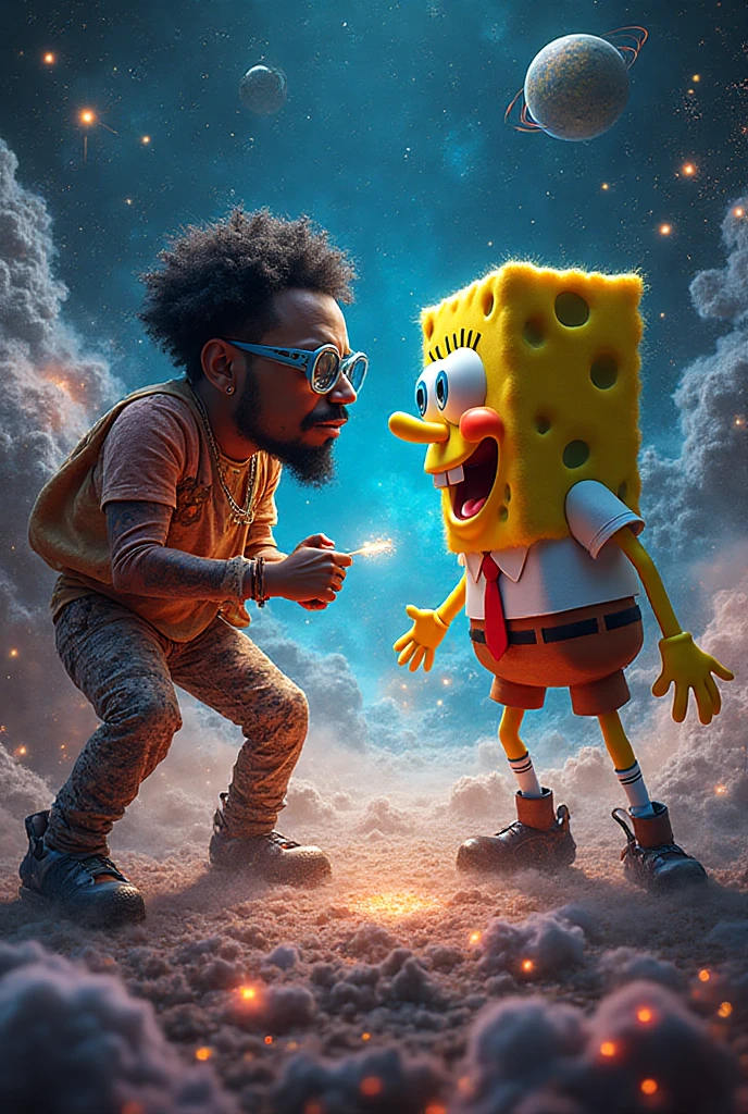 A black-skinned boy with a torn polo shirt and ripped pants with his face mewing while running as Spongebob dressed as a school bully and with big hair and Patrick in a woman's swimsuit