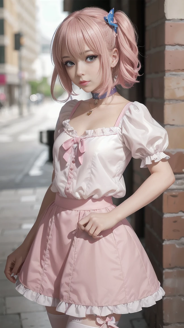 Very beautiful, masterpiece, sexy blonde, pink hair, blue eyes, expressive eyes, detailed skin, realistic skin texture, detailed eyes, cleavage, , pink lace , short skirt, white skirt, underskirt  , round buttocks  