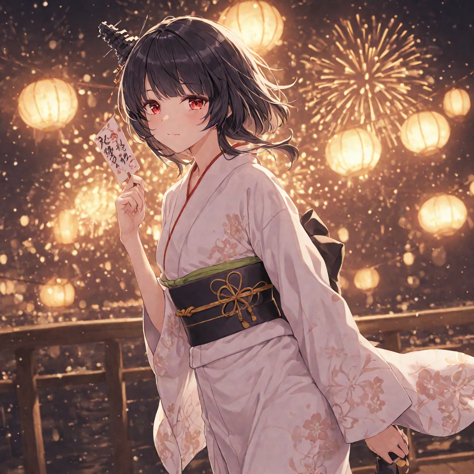 1 person、Green gorgeous kimono、,race,Black Hair、Short bun hair、hair ornaments、necklace、back、Golden devil horns、Anatomically correct,Fireworks in the night sky、