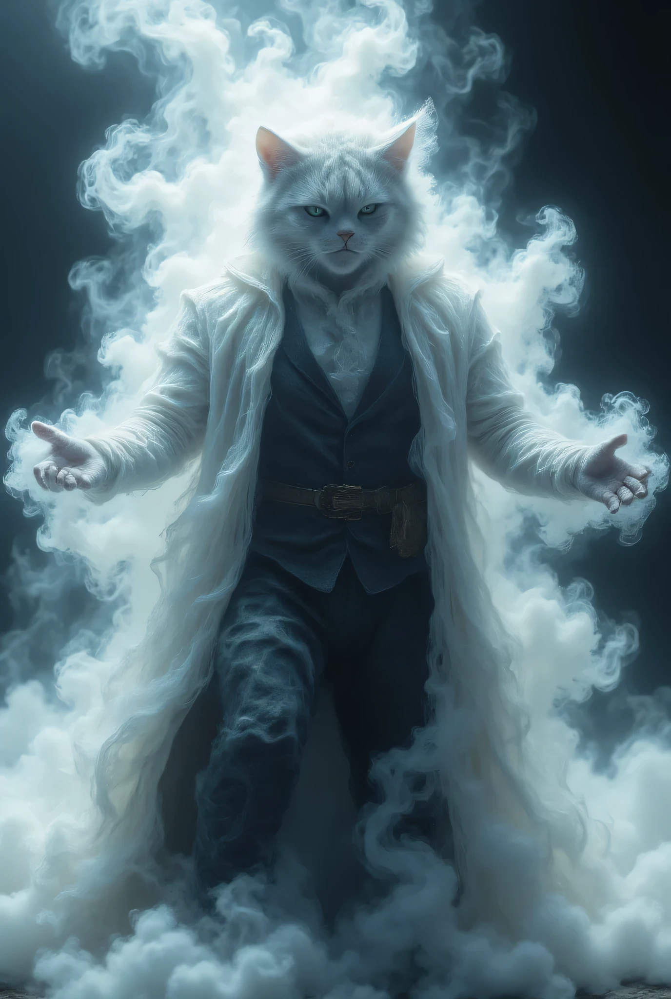 A cat magician who uses magic tricks that can't be real is wearing a black cloak,Wrapped in white clouds , filling the air with fantastic light.