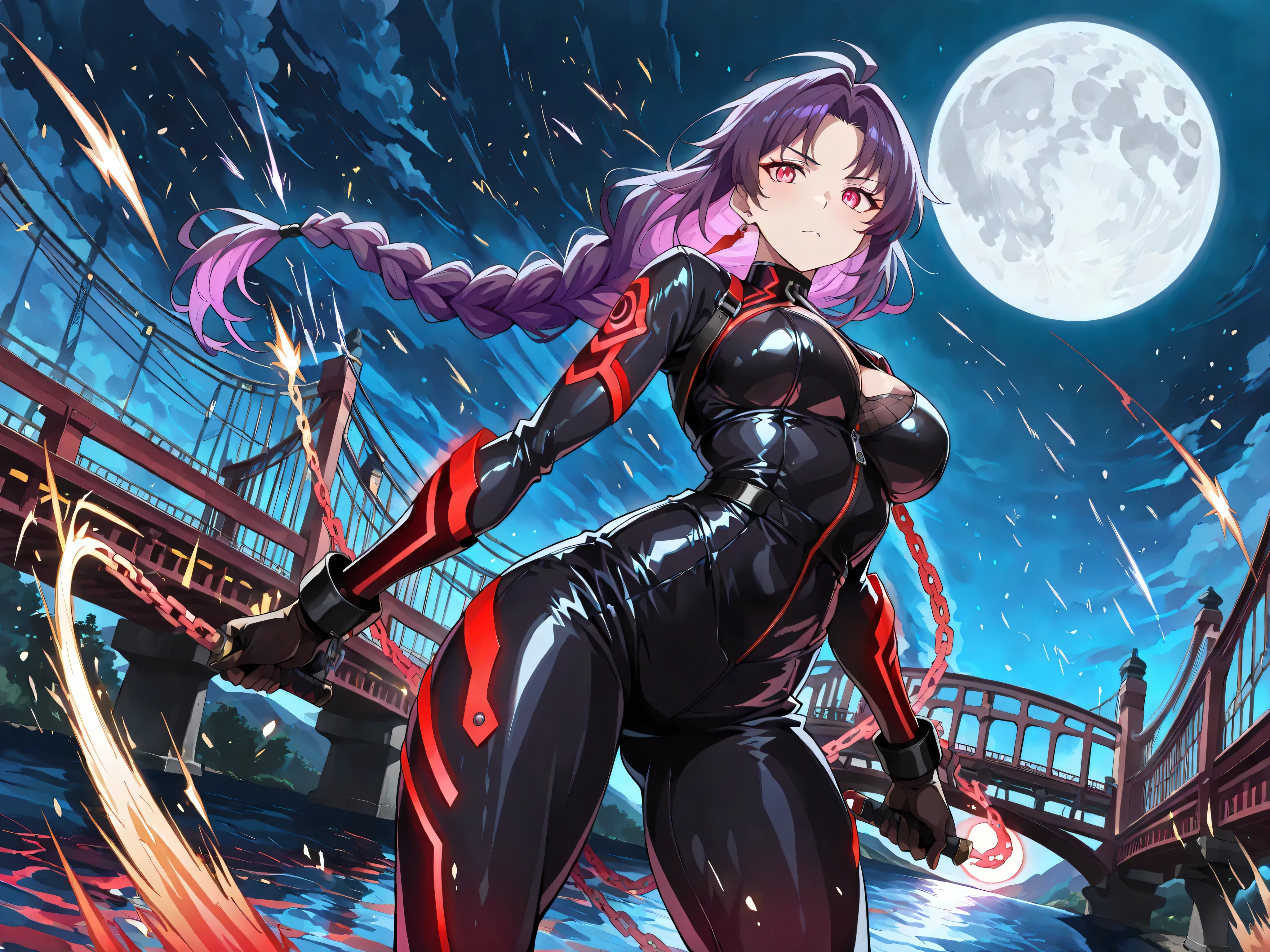 (masterpiece, best quality, absurdres:1.2), 1girl, solo, A lithe girl ninja with braided purple hair swings a chain-sickle, sparks flying. Her outfit blends stealth leather with glowing red circuitry. The background shows a futuristic bridge over a glowing river under a neon-lit full moon.