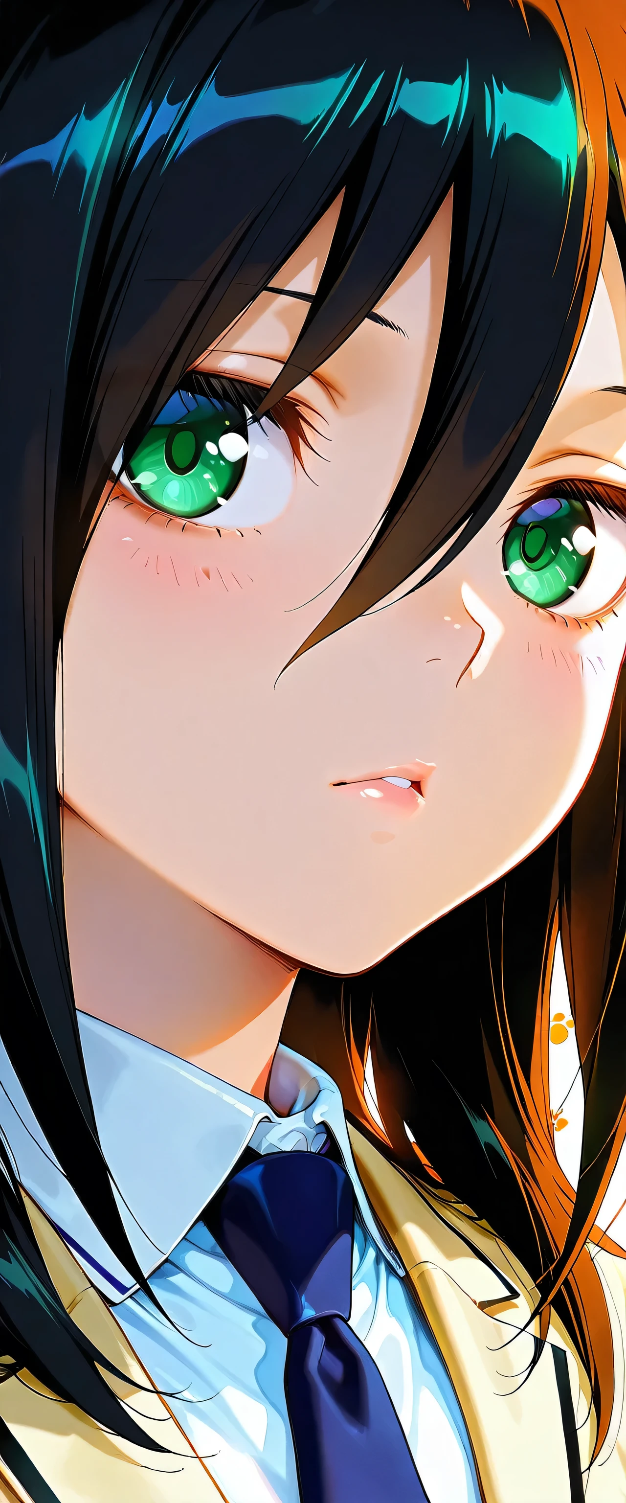 (beautiful girl:1.3),masterpiece,Please redeem,Ultra-high resolution,rich contrast,Very high quality,8k,Highly detailed CG unit wallpaper,Texture,So ridiculous,RAW Photos,Highest quality anime,anime-style illustration,studio anime style,professional photograph,an extremely delicate and beautiful,Depth of written boundary 1.2,ultra-detailed eyes,Beautiful glossy lips, big eyes, round eyes ,maorix,kuroki_tomoko, bags under eyes, green eyes, hair between eyes, black hair, long hair, school uniform, jacket, pleated skirt, long skirt, black pantyhose,(close up:1.8,),paw print background,Suspicious behavior