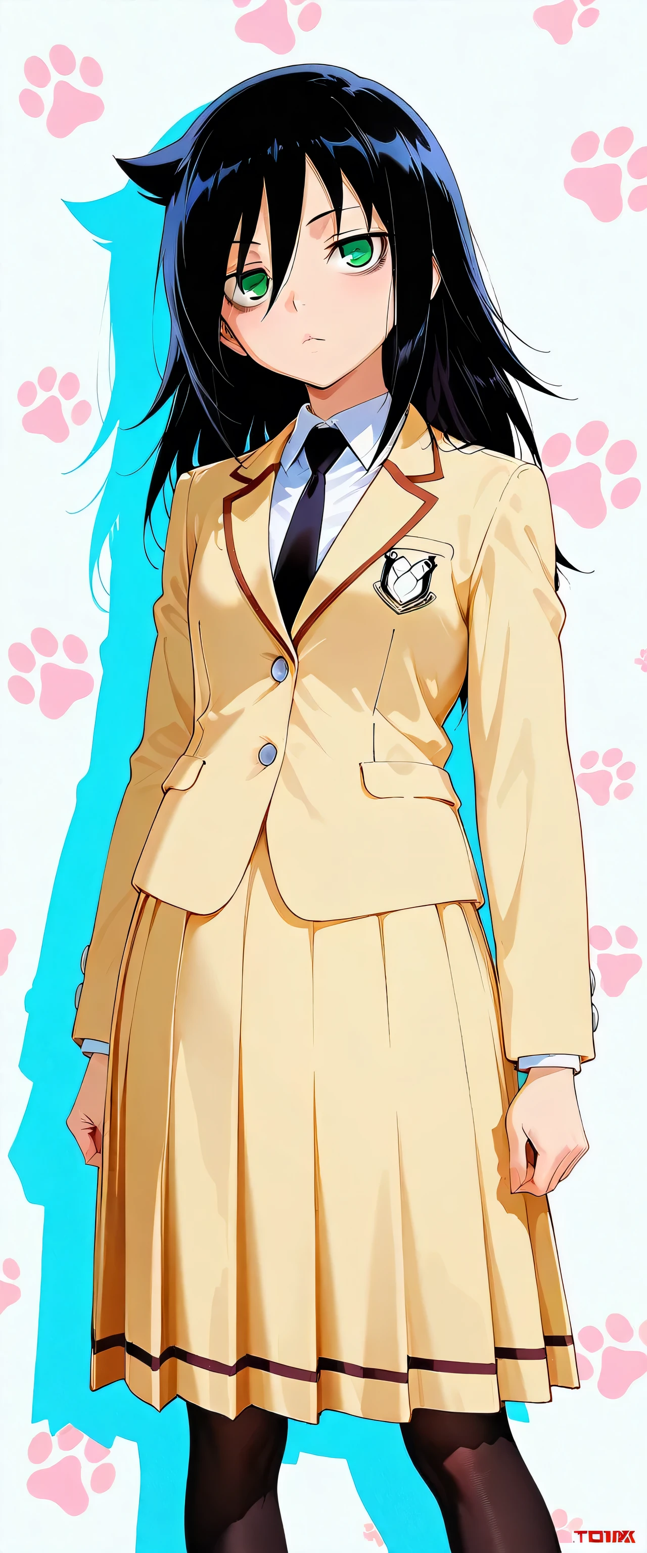 (beautiful girl:1.3),masterpiece,Please redeem,Ultra-high resolution,rich contrast,Very high quality,8k,Highly detailed CG unit wallpaper,Texture,So ridiculous,RAW Photos,Highest quality anime,anime-style illustration,studio anime style,professional photograph,an extremely delicate and beautiful,Depth of written boundary 1.2,ultra-detailed eyes,Beautiful glossy lips, big eyes, round eyes ,maorix,kuroki_tomoko, bags under eyes, green eyes, hair between eyes, black hair, long hair, school uniform, jacket, pleated skirt, long skirt, black pantyhose,(close up:1.8,),paw print background,Suspicious behavior