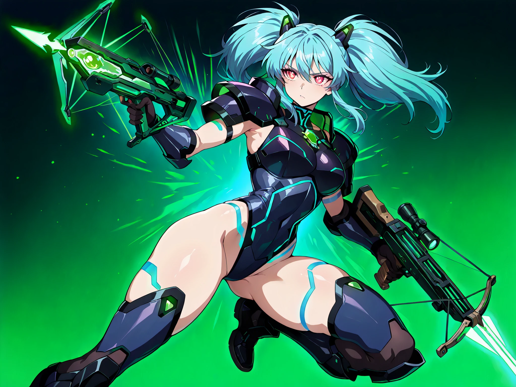 (masterpiece, best quality, absurdres:1.2), 1girl, solo, She crouches with a high-tech crossbow, blue twin ponytails bouncing as she moves. Her armor is midnight black with glowing emerald lines. She show abdomen and legs The background reveals a retro cyberpunk marketplace glowing with shifting holograms in amber and green.