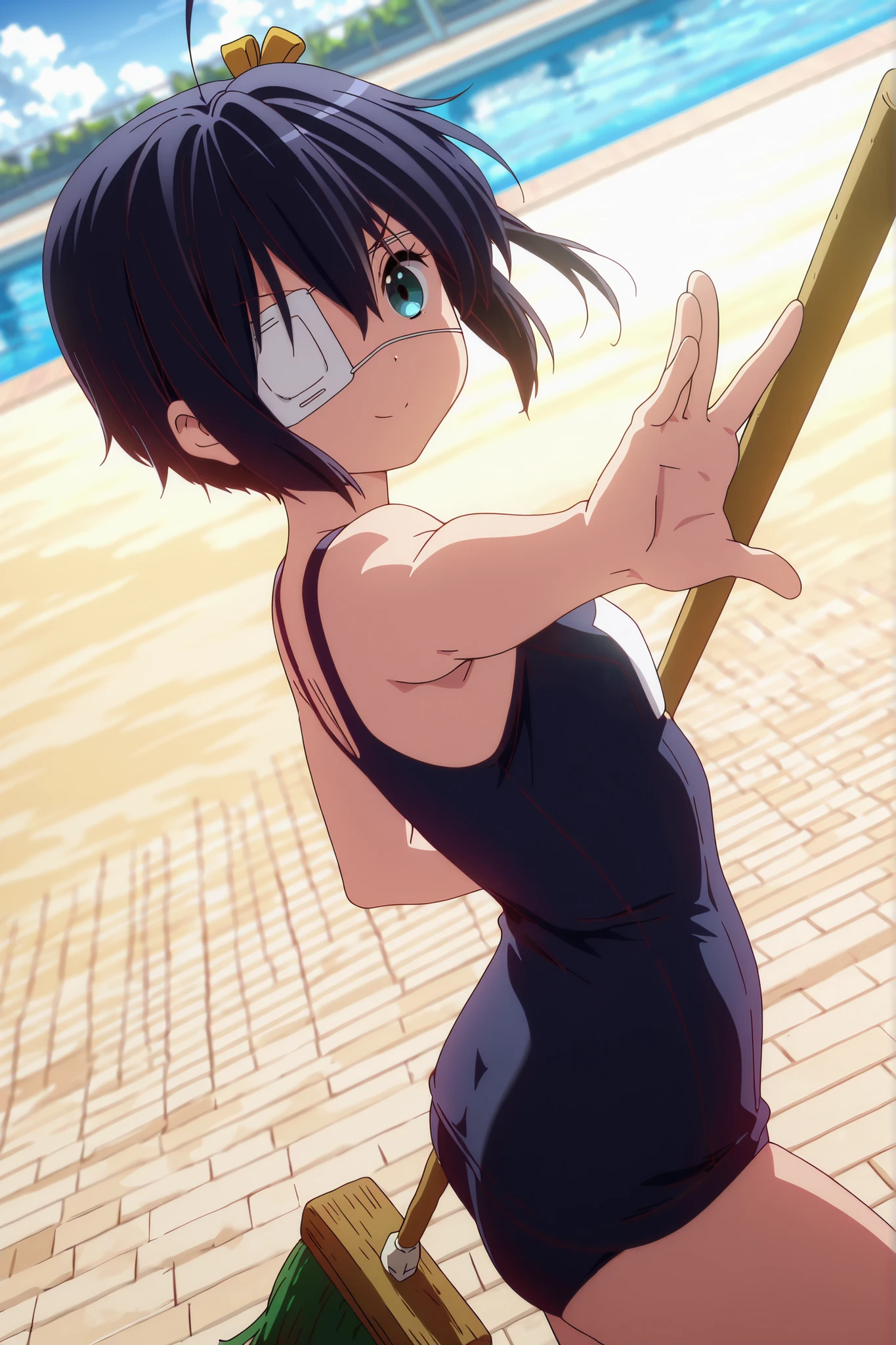 8K,HDR,best quality, high quality,amazing quality,highly detailed,ultra detailed,high resolution, absurdres, newest,(anime screencap:1),(anime coloring:1),(anime style:1),perfect eyes,detail1eye,well-defined fingers,(perfect anatomy:1), (perfect fingers,5 fingers:1),(cowboy shot),from side,dynamic angle,
BREAK
1girl,solo,"takanashi_rikka \ (chuunibyou_demo_koi_ga_shitai! \)",Rikka Takanashi,"white eye patch",
{{mature famele}},
BREAK
school swimsuit, navy blue,
BREAK
serious,smile,doyagao, holding a deck broom with both hands,hitting with a deck broom,looking ato viewer,standing,attack pose,dynamic pose,
BREAK
outdoors,pool side,day