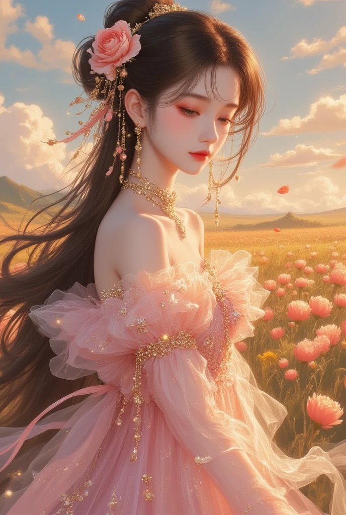 32k, Masterpiece, Highest quality, One girl, Detailed eyes, flower,Alstroemeria, White and orange style,A dreamy, romantic piece,Pale purple, Mysterious Leaves,A playful arrangement,Fantasy,High Contrast,Ink strokes,explosion,Exposure, Impression of white and orange tones,Abstract,((Watercolours by John Berkey and Jeremy Mann )) Brush strokes,Negative Space, Tyndall effect,