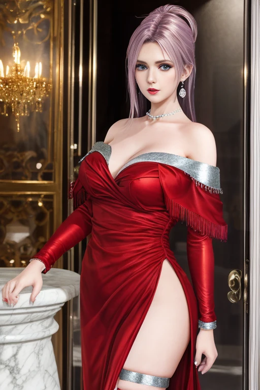 best work，Super high quality work，4k:2.0，ultra high definition，8K high-definition CG production，High quality graphics，3D high-definition CG photos，Ultra high pixels，Super exquisite：1.1，technical details：1.1，室内灯Light effect果：1.1，Natural dimming，Light effect，Ultra high resolution large files，fashion clothing photos，Exquisite and  woman，A mature and  woman，Royal sister temperament，Characteristics of European and American women，mixed race beauty，Temperamental type goddess，silver hair，She has long white and silver hair，clear hair，Careful hair texture（Premium hair details：1.1）Beautiful and delicate eyebrows and eyelashes，big eyes，light red eyes， red lips，perfect lip shape，clear skin texture，hydrated skin（Advanced facial details：1.1）The face of a perfect goddess，perfect body shape，top supermodel，devilish figure， raised，man's waist is very thin，long legs，（Advanced skin details：1.1），Smooth，Wear evening gown，bright red dress, ((glow dress:1.5))Sequin blood red evening dress，dress dress，black stockings，silk scarf，lace dress（Premium lace details：1.1）bright red，very bright blood red，High heel，livestock，Wear jewelry，ear  ring，necklace，bracelet，Eat dinner，full-body shot，Costume Art Photos，high quality work