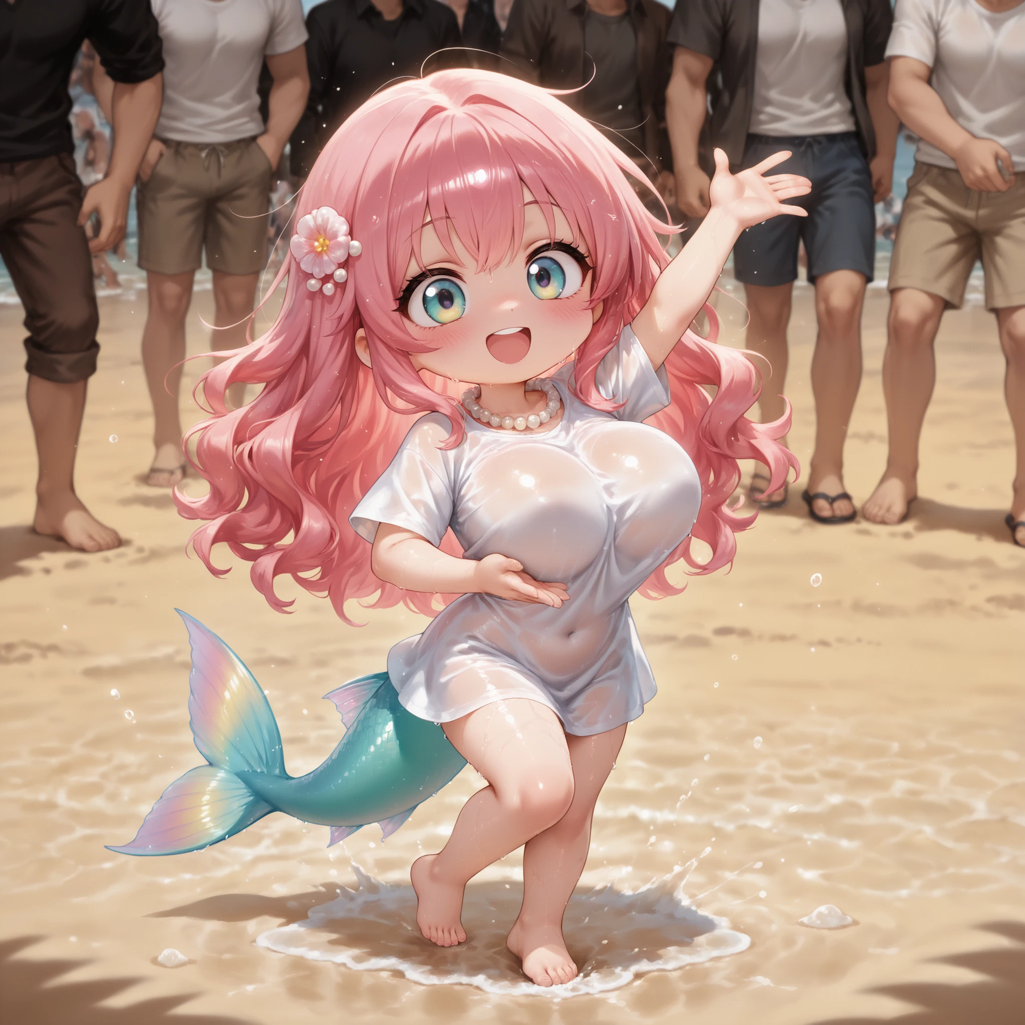 chibi,(1 person)、chibi only、(chibi:1.2)、full body、2.5 heads tall、(big boobs:1.2)、Dancing Little Mermaid、pink hair、wavy hair、blue-green tail、Rainbow Eyes、Blush、shy laugh、dynamic angle、white wet t-shirt、pearl necklace、coral tiara、anatomically accurate hands、A rocky area on the beach、audience、masterpiece、Highest Quality、Detailed、anime style、TheDeail,arm up, standing, dancing, , open hands,,