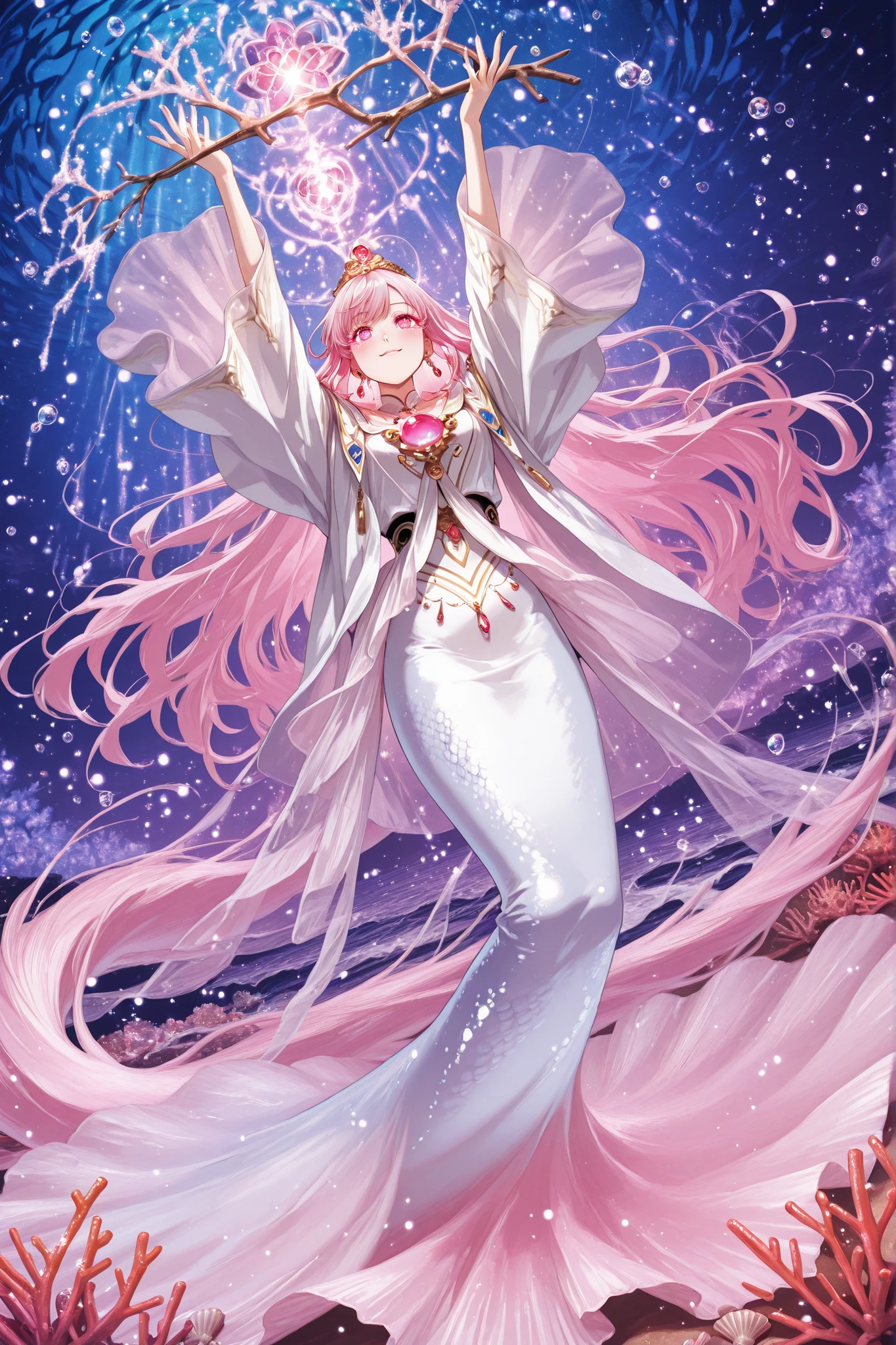 one mermaid priestess, large flowing tail fin, very long flowing pink hair, lapis lazuli eyes, elegant white haori, seashell necklace, earrings, holding a coral branch in her hands, performing an elegant sacred dance, arms extended in motion, gentle expression, soft smile, focus on character, on the night ocean reef, sparkling bubbles in the air
BREAK
mystical and ceremonial atmosphere, dynamic angle, highly detailed, anime style illustration, eye_focus, masterpiece, best quality, very aesthetic