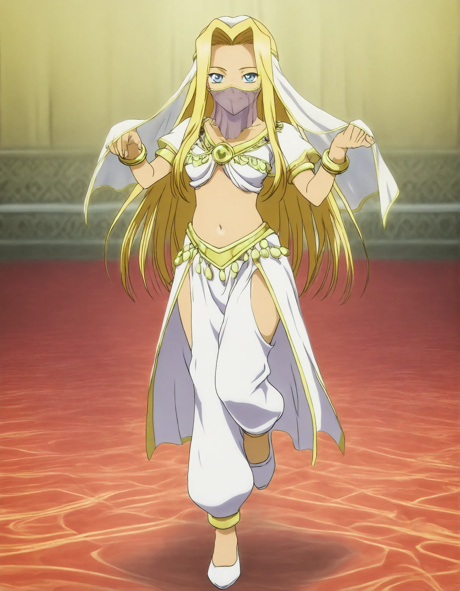 (1girl:1 . 5) , (Seul:1 . 5) , score_9 , score_8_haut , score_7_haut , source_anime , Official work , ultra-detailed , masterpiece , better quality , high resolution , beaux yeux , detailed eyes , Detailed face , beautiful detailed eyes,long hair, blonde hair,blue eyes,Tales of Destiny,Mint Adnade,Arabian Clothes , Arabian Dancer ,belly dancer costume,belly dancer outfit ,full body,golden jewelery,mouth veil,armlet, belly dancing,arabian theater,seductive smile, dancing with veil, dynamic movement,dance posture, seductive pose