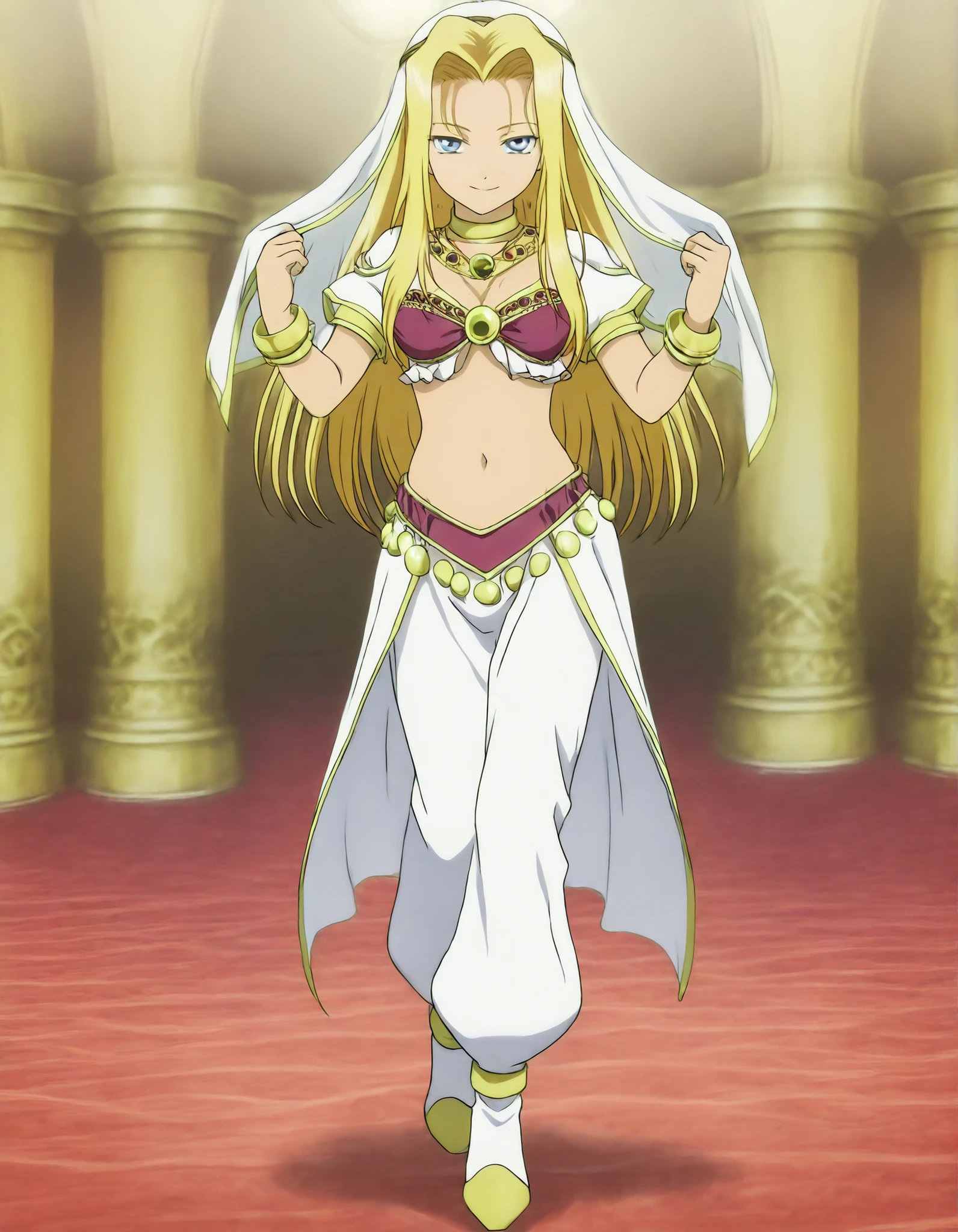 (1girl:1 . 5) , (Seul:1 . 5) , score_9 , score_8_haut , score_7_haut , source_anime , Official work , ultra-detailed , masterpiece , better quality , high resolution , beaux yeux , detailed eyes , Detailed face , beautiful detailed eyes,long hair, blonde hair,blue eyes,Tales of Destiny,Mint Adnade,Arabian Clothes , Arabian Dancer ,belly dancer costume,belly dancer outfit ,full body,golden jewelery,armlet, belly dancing,arabian theater,seductive smile, dancing with veil, dynamic movement,dance posture, seductive pose
