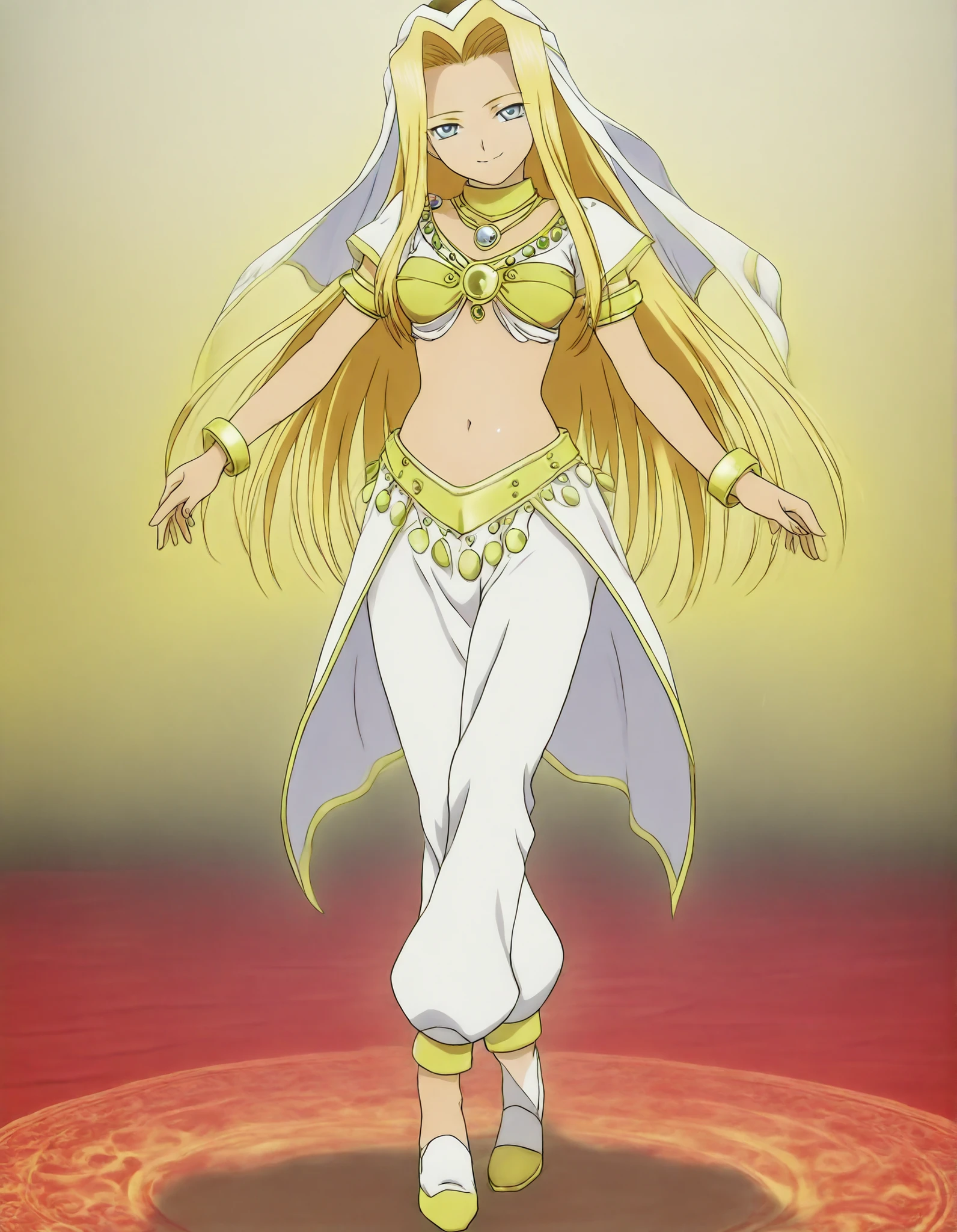 (1girl:1 . 5) , (Seul:1 . 5) , score_9 , score_8_haut , score_7_haut , source_anime , Official work  , ultra-detailed , masterpiece , better quality , high resolution , beaux yeux , detailed eyes , Detailed face , beautiful detailed eyes,long hair, blonde hair,blue eyes,Tales of Destiny,Mint Adnade,Arabian Clothes , Arabian Dancer ,belly dancer costume,belly dancer outfit ,full body,golden jewelery,armlet, belly dancing,arabian theater,seductive smile, dancing with veil, dynamic movement,dance posture, seductive pose