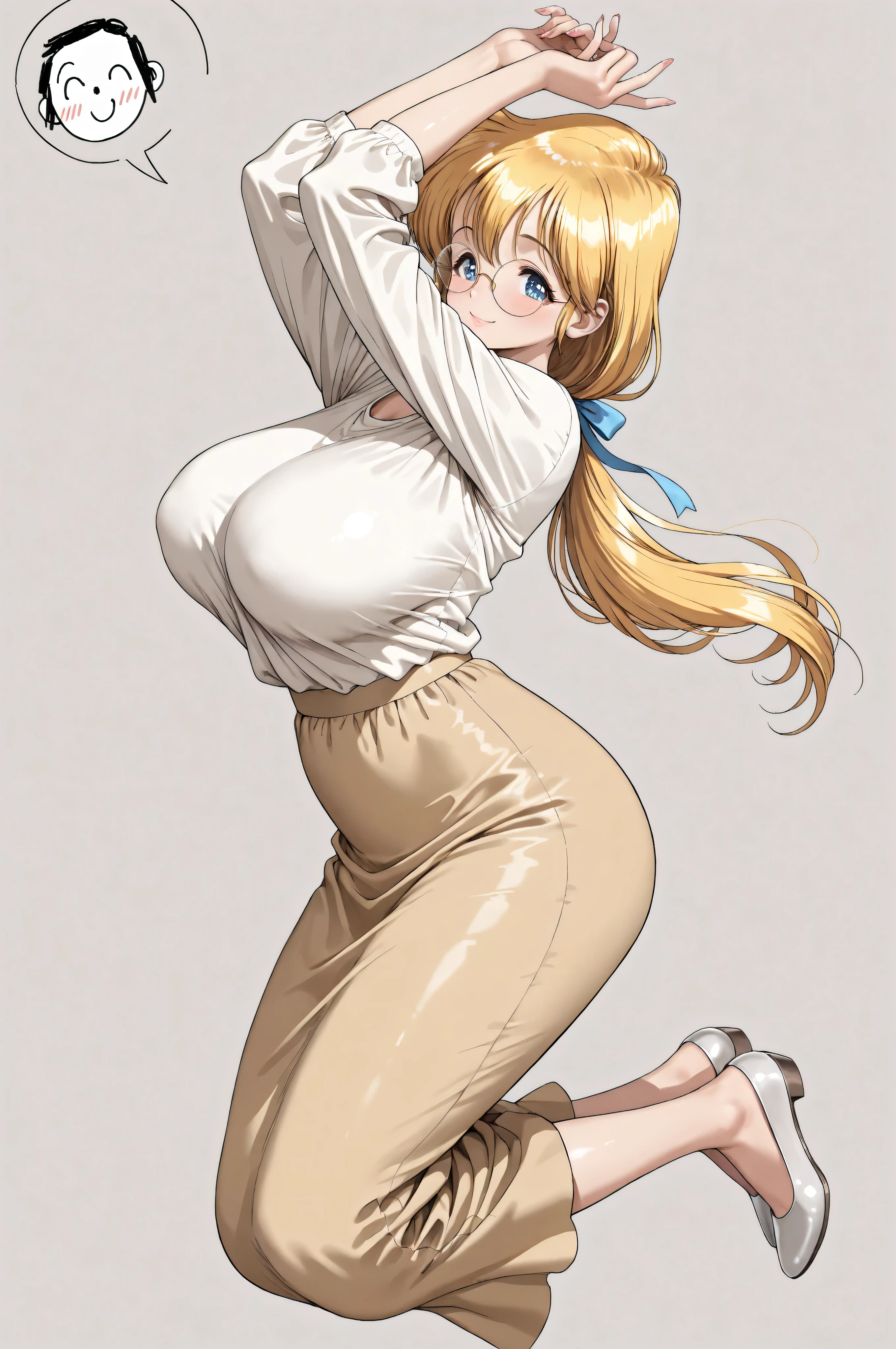(masterpiece, best quality:1.4), Sensei Luna, runa, (beautiful detailed blue eyes:1.2), yellow hair, long hair tied in a low ponytail, very round metal frame glasses, smiling, beige soft flowing shirt, three-quarter sleeves, slightly elegant, mustard long skirt, full, flowing, elegant, joyful, lightly jumping, small playful jump, arms raised, hands gently resting on very large sagging breasts, soft and natural, visible under flowing shirt, realistic movement, hair and skirt flowing, cheerful expression, full body, body in profile, face looking at viewer, slightly above eye-level view, simple background with light and airy atmosphere, subtle shadows for depth, 5 fingers on each hand, anatomically correct hands, natural finger positions, well-defined fingernails, detailed nails