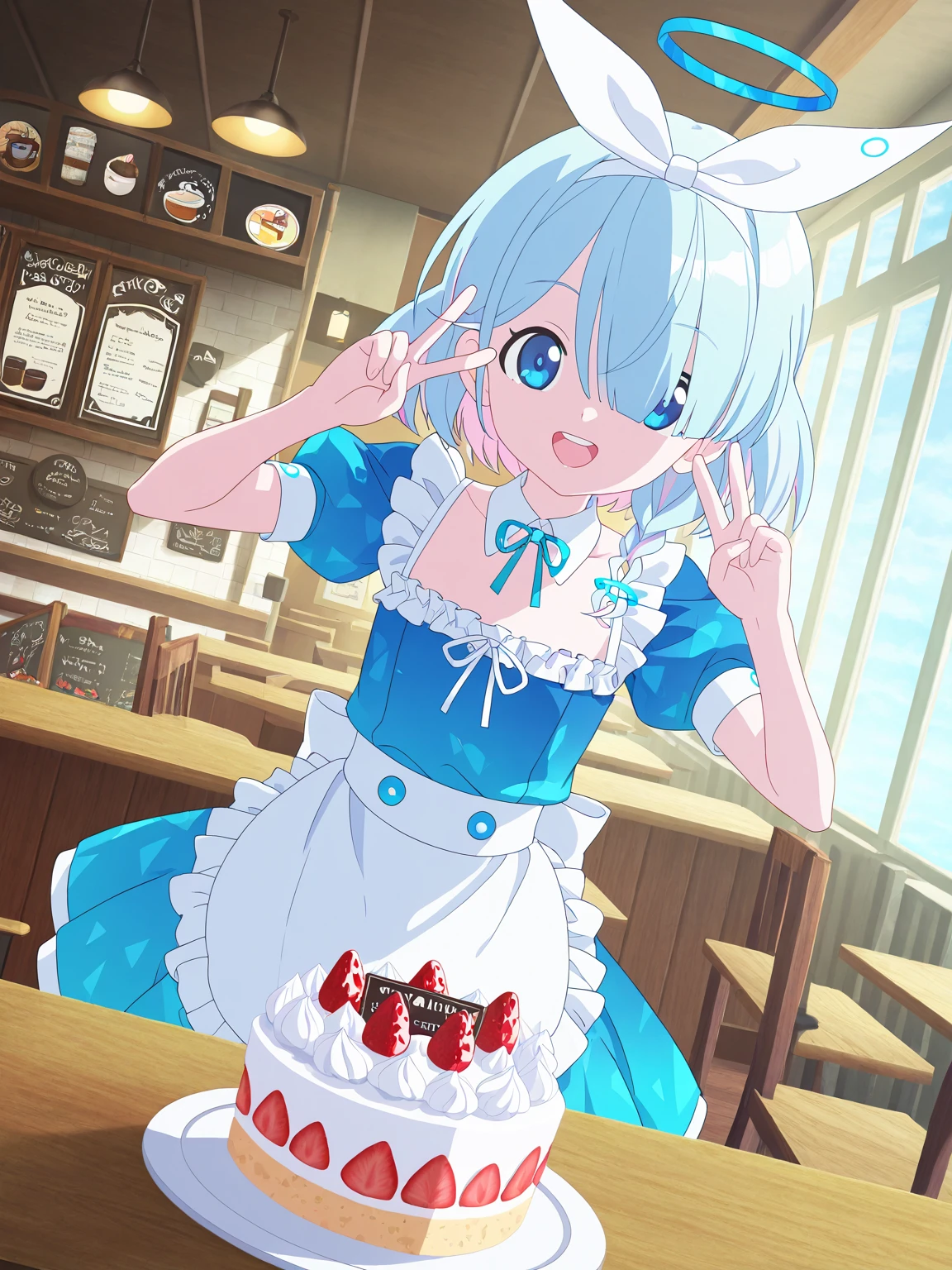 Light blue long hair、Twin-tailed Girl, black eye、Cute girl anime visuals, Anime Moe Art Style, Splash Art Anime 、2D Anime Style, Eating Pocky、Cute Lolita Costume