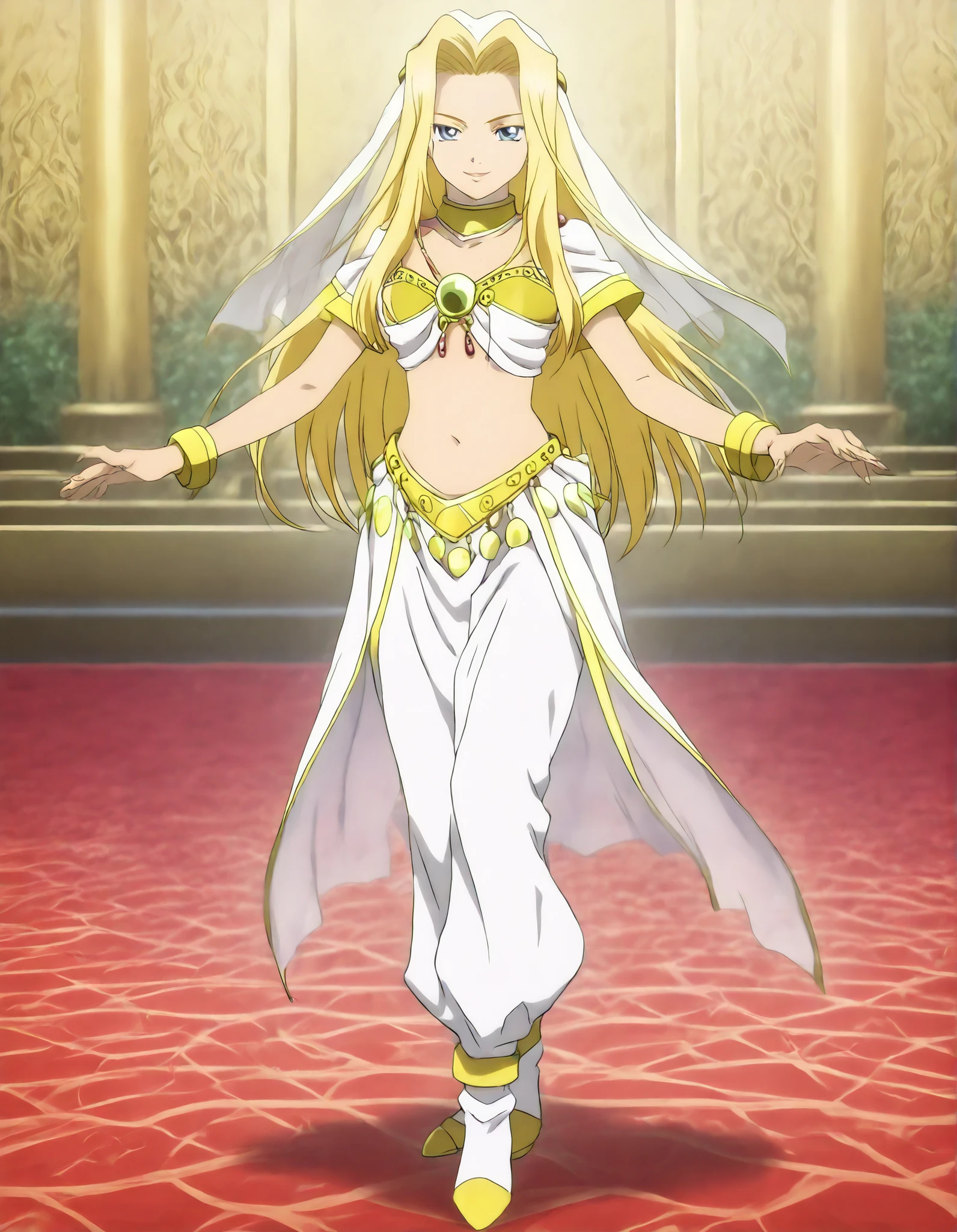 (1girl:1 . 5) , (Seul:1 . 5) , score_9 , score_8_haut , score_7_haut , source_anime , Official work , ultra-detailed , masterpiece , better quality , high resolution , beaux yeux , detailed eyes , Detailed face , beautiful detailed eyes,long hair, blonde hair,blue eyes,Tales of Destiny,Mint Adnade,Arabian Clothes , Arabian Dancer ,belly dancer costume,belly dancer outfit ,full body,golden jewelery,armlet, belly dancing,arabian garden,seductive smile, dancing with veil, dynamic movement,dance posture, seductive pose
