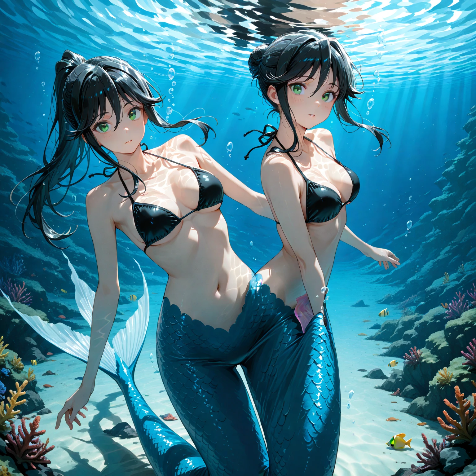 (Underwater:1.5), Girl, 19 years, ??????????????, High ponytail, swimsuit, from back, focus on ???, Sitting on dry sand, ((surrounded by bubbles)), (())