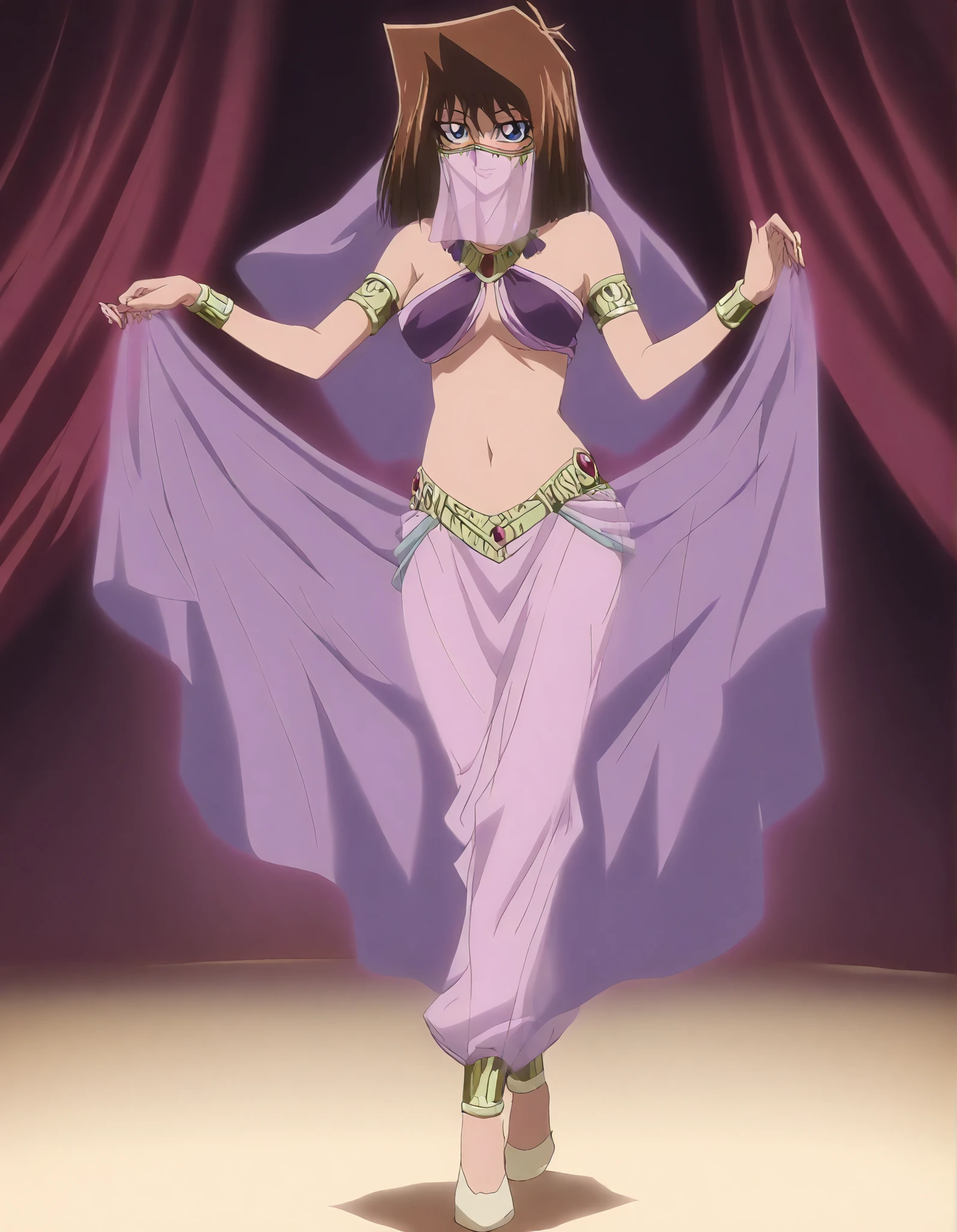 (1girl:1 . 5) , (Seul:1 . 5) , score_9 , score_8_haut , score_7_haut , source_anime , Official work , ultra-detailed , masterpiece , better quality , high resolution , beaux yeux , detailed eyes , Detailed face , beautiful detailed eyes, blue eyes, brown hair, short hair,Yu-Gi-Oh,Tea Gardner ,Arabian Clothes , Arabian Dancer ,belly dancer costume,belly dancer outfit ,full body,golden jewelery,mouth veil,armlet, belly dancing,arabian theater,seductive smile, dancing with veil, dynamic movement,dance posture, seductive pose