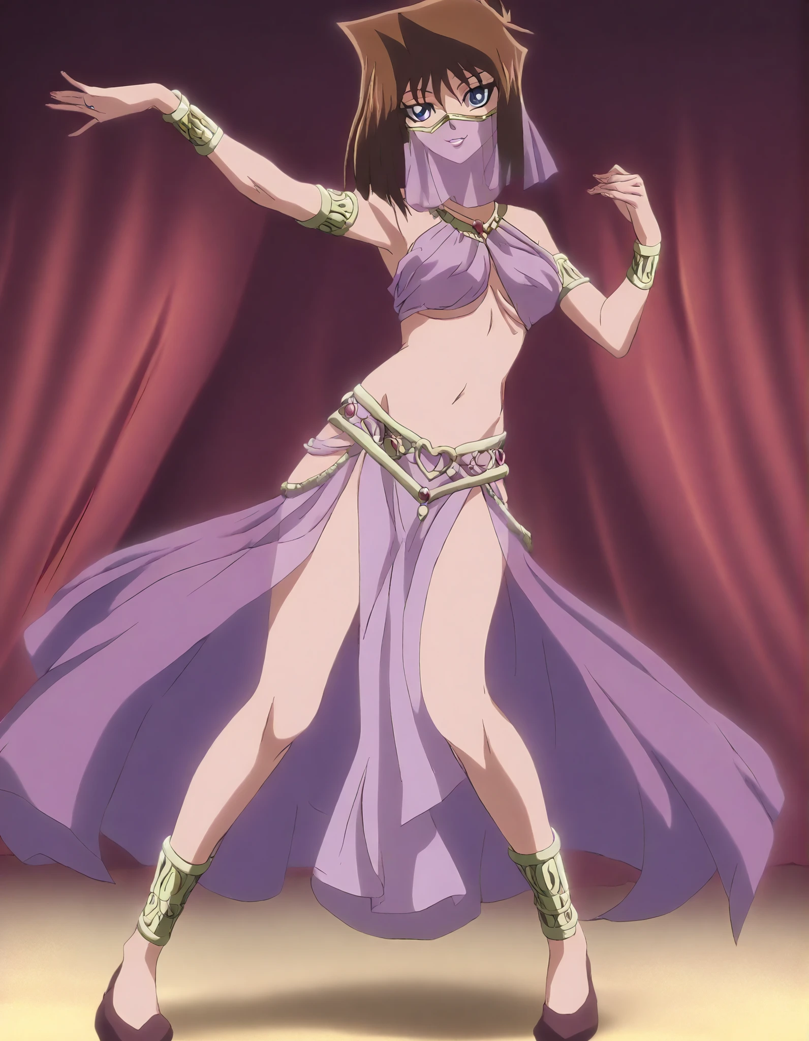 (1girl:1 . 5) , (Seul:1 . 5) , score_9 , score_8_haut , score_7_haut , source_anime , Official work , ultra-detailed , masterpiece , better quality , high resolution , beaux yeux , detailed eyes , Detailed face , beautiful detailed eyes, blue eyes, brown hair, short hair,Yu-Gi-Oh,Tea Gardner ,Arabian Clothes , Arabian Dancer ,belly dancer costume,belly dancer outfit ,full body,golden jewelery,mouth veil,armlet, belly dancing,arabian theater,seductive smile, dancing with veil, dynamic movement,dance posture, seductive pose