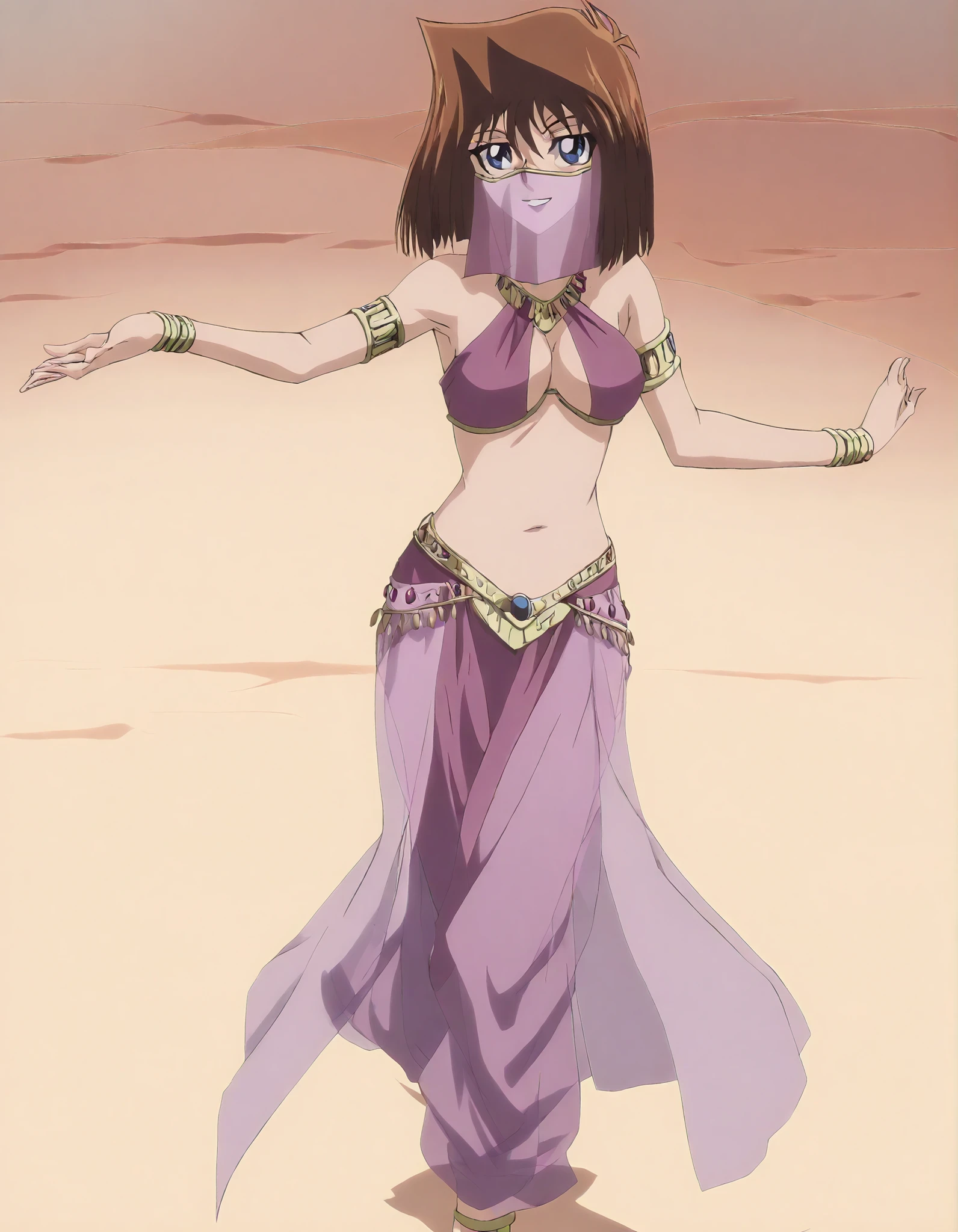 (1girl:1 . 5) , (Seul:1 . 5) , score_9 , score_8_haut , score_7_haut , source_anime , Official work , ultra-detailed , masterpiece , better quality , high resolution , beaux yeux , detailed eyes , Detailed face , beautiful detailed eyes, blue eyes, brown hair, short hair,Yu-Gi-Oh,Tea Gardner ,Arabian Clothes , Arabian Dancer ,belly dancer costume,belly dancer outfit ,full body,golden jewelery,mouth veil,armlet, belly dancing,arabian theater,seductive smile, dancing with veil, dynamic movement,dance posture, seductive pose