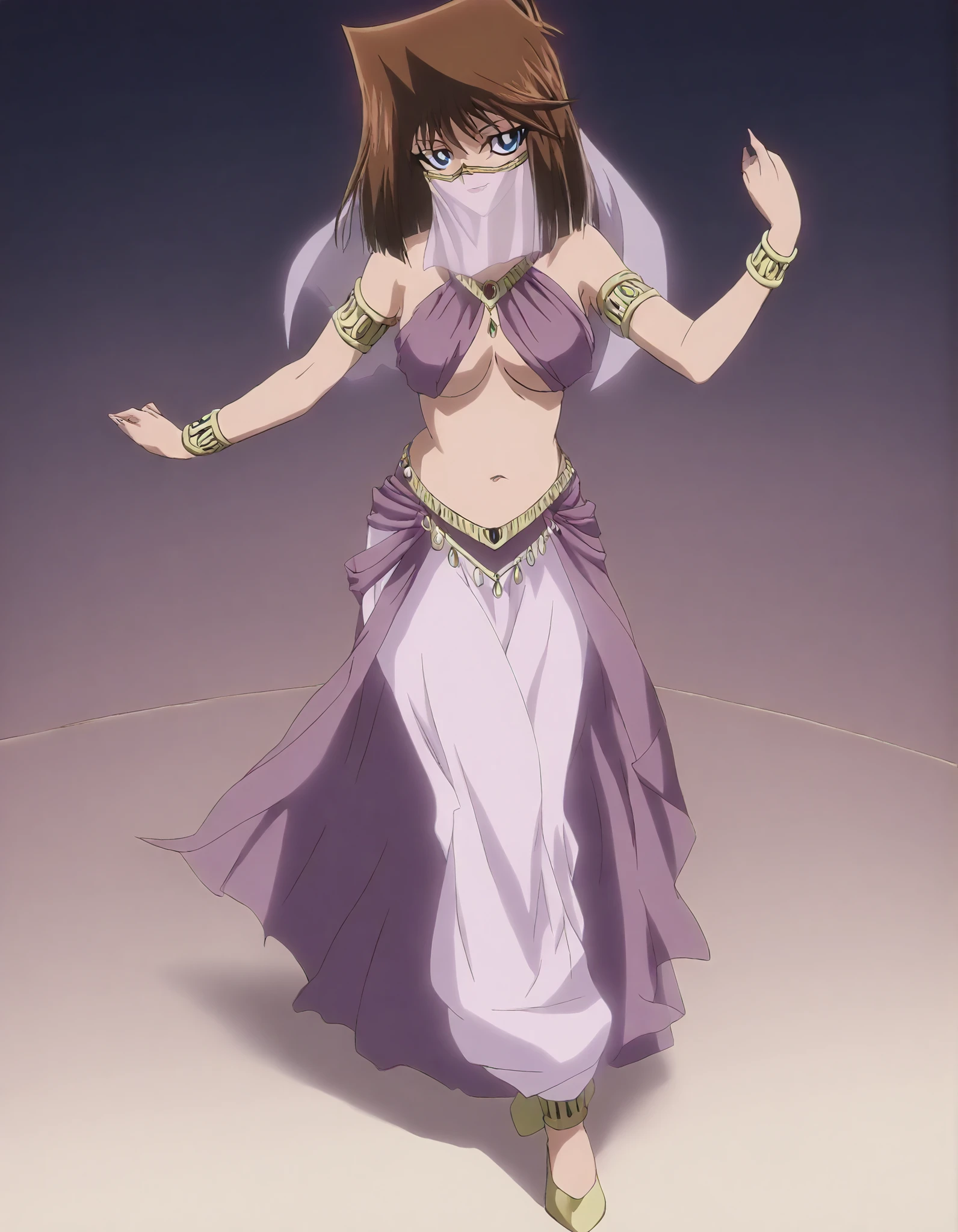 (1girl:1 . 5) , (Seul:1 . 5) , score_9 , score_8_haut , score_7_haut , source_anime , Official work , ultra-detailed , masterpiece , better quality , high resolution , beaux yeux , detailed eyes , Detailed face , beautiful detailed eyes, blue eyes, brown hair, short hair,Yu-Gi-Oh,Tea Gardner ,Arabian Clothes , Arabian Dancer ,belly dancer costume,belly dancer outfit ,full body,golden jewelery,mouth veil,armlet, belly dancing,arabian theater,seductive smile, dancing with veil, dynamic movement,dance posture, seductive pose
