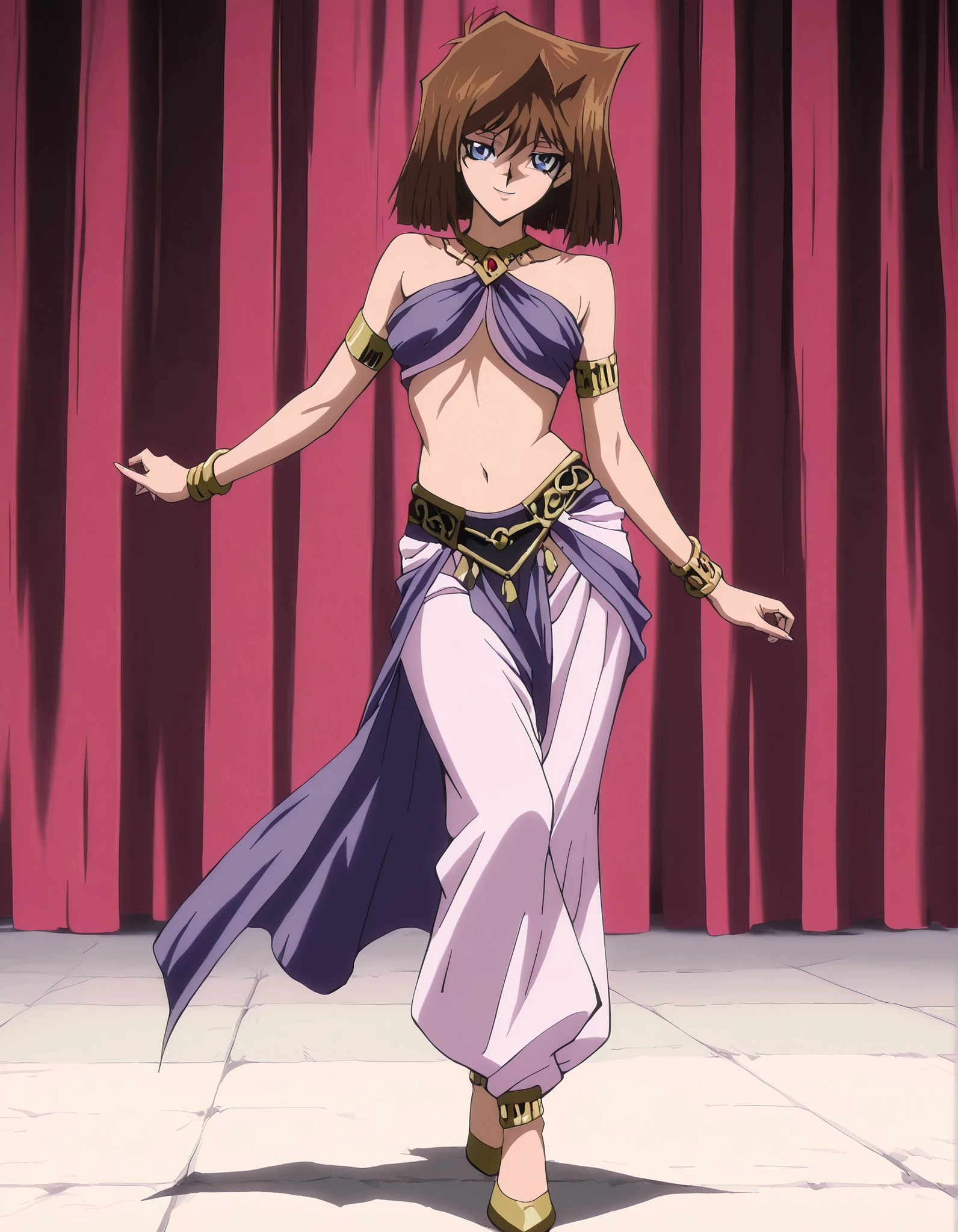 (1girl:1 . 5) , (Seul:1 . 5) , score_9 , score_8_haut , score_7_haut , source_anime , Official work , ultra-detailed , masterpiece , better quality , high resolution , beaux yeux , detailed eyes , Detailed face , beautiful detailed eyes, blue eyes, brown hair, short hair,Yu-Gi-Oh,Tea Gardner ,Arabian Clothes , Arabian Dancer ,belly dancer costume,belly dancer outfit ,full body,golden jewelery,armlet, belly dancing,arabian theater,seductive smile, dancing with veil, dynamic movement,dance posture, seductive pose