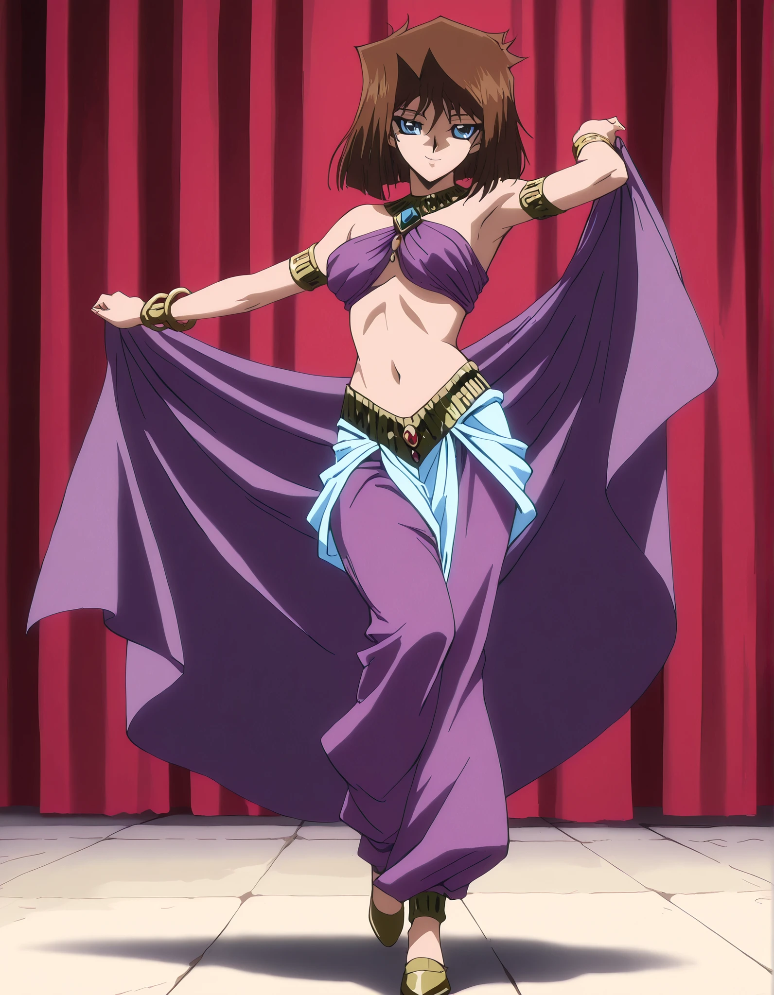 (1girl:1 . 5) , (Seul:1 . 5) , score_9 , score_8_haut , score_7_haut , source_anime , Official work , ultra-detailed , masterpiece , better quality , high resolution , beaux yeux , detailed eyes , Detailed face , beautiful detailed eyes, blue eyes, brown hair, short hair,Yu-Gi-Oh,Tea Gardner ,Arabian Clothes , Arabian Dancer ,belly dancer costume,belly dancer outfit ,full body,golden jewelery,armlet, belly dancing,arabian theater,seductive smile, dancing with veil, dynamic movement,dance posture, seductive pose