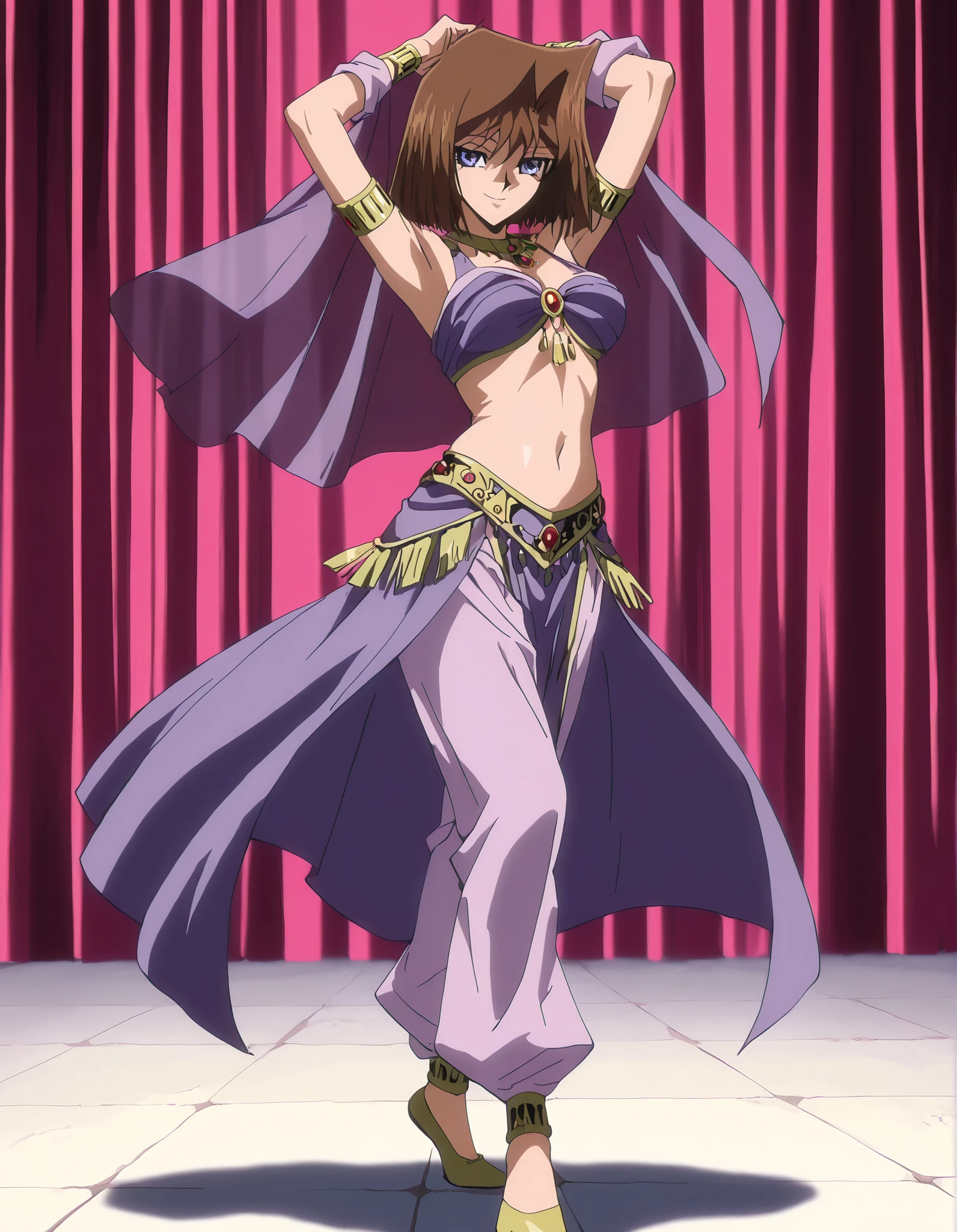 (1girl:1 . 5) , (Seul:1 . 5) , score_9 , score_8_haut , score_7_haut , source_anime , Official work , ultra-detailed , masterpiece , better quality , high resolution , beaux yeux , detailed eyes , Detailed face , beautiful detailed eyes, blue eyes, brown hair, short hair,Yu-Gi-Oh,Tea Gardner ,Arabian Clothes , Arabian Dancer ,belly dancer costume,belly dancer outfit ,full body,golden jewelery,armlet, belly dancing,arabian theater,seductive smile, dancing with veil, dynamic movement,dance posture, seductive pose