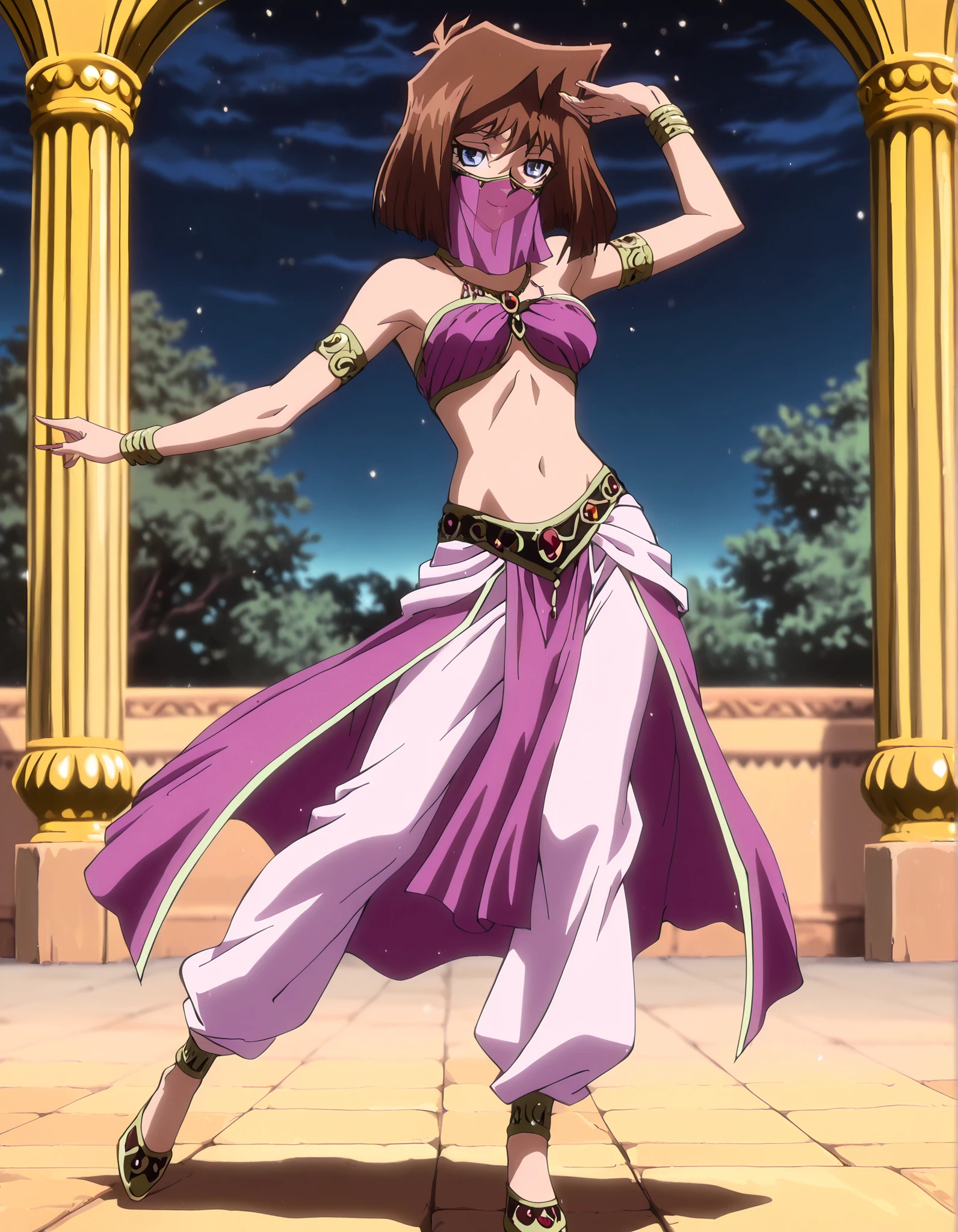 (1girl:1 . 5) , (Seul:1 . 5) , score_9 , score_8_haut , score_7_haut , source_anime , Official work , ultra-detailed , masterpiece , better quality , high resolution , beaux yeux , detailed eyes , Detailed face , beautiful detailed eyes, blue eyes, brown hair, short hair,Yu-Gi-Oh,Tea Gardner ,Arabian Clothes , Arabian Dancer ,belly dancer costume,belly dancer outfit ,full body,golden jewelery,mouth veil,armlet, belly dancing,night,arabian garden,seductive smile, dancing with veil, dynamic movement,dance posture, seductive pose