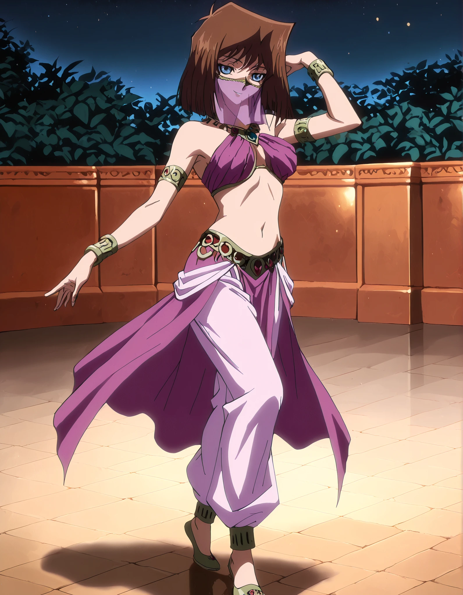 (1girl:1 . 5) , (Seul:1 . 5) , score_9 , score_8_haut , score_7_haut , source_anime , Official work , ultra-detailed , masterpiece , better quality , high resolution , beaux yeux , detailed eyes , Detailed face , beautiful detailed eyes, blue eyes, brown hair, short hair,Yu-Gi-Oh,Tea Gardner ,Arabian Clothes , Arabian Dancer ,belly dancer costume,belly dancer outfit ,full body,golden jewelery,mouth veil,armlet, belly dancing,night,arabian garden,seductive smile, dancing with veil, dynamic movement,dance posture, seductive pose